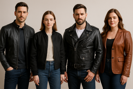 Four different leather jacket styles for various body types
