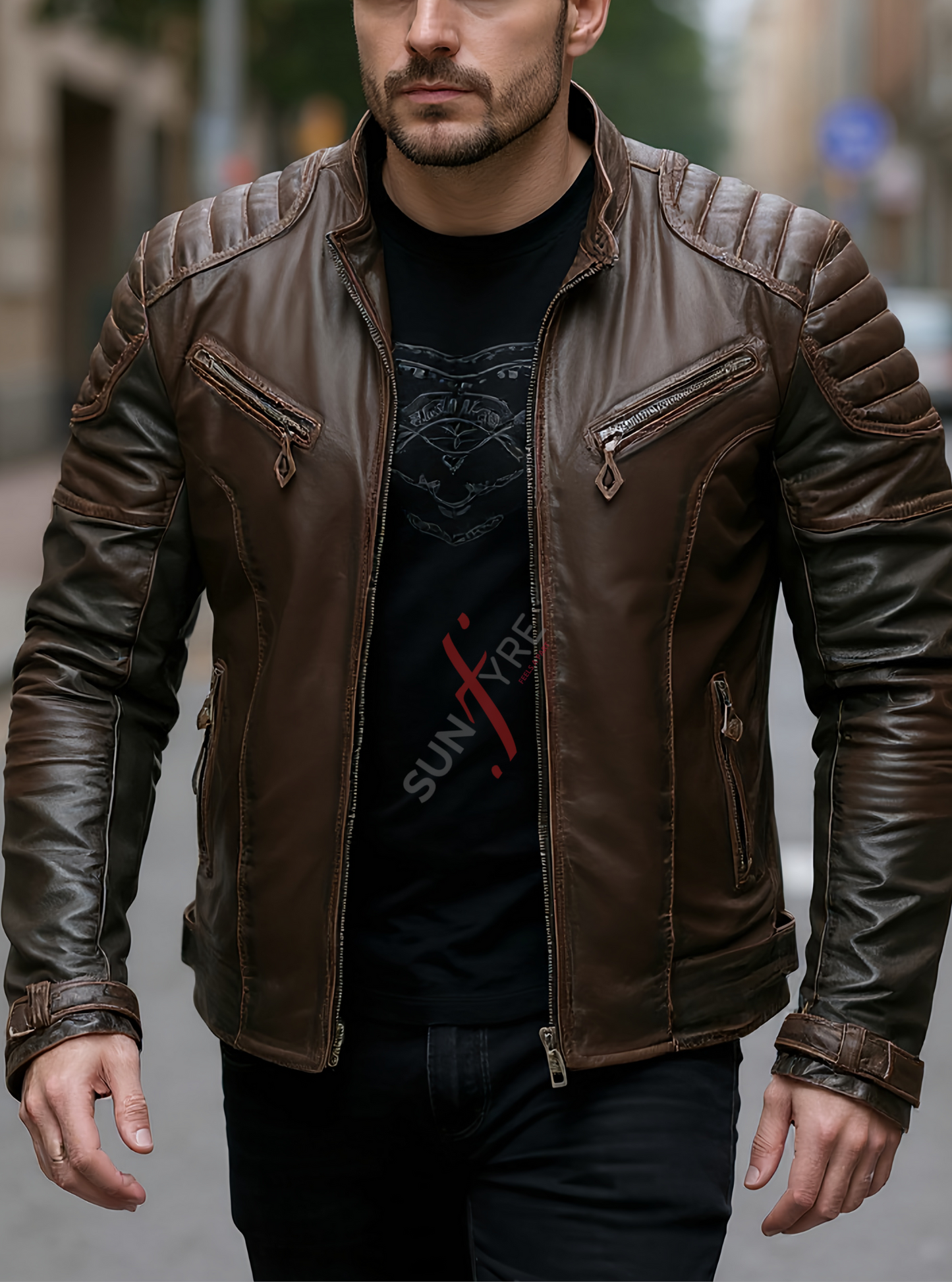 Rock Brown quilted Leather Jacket For Men (SF585)