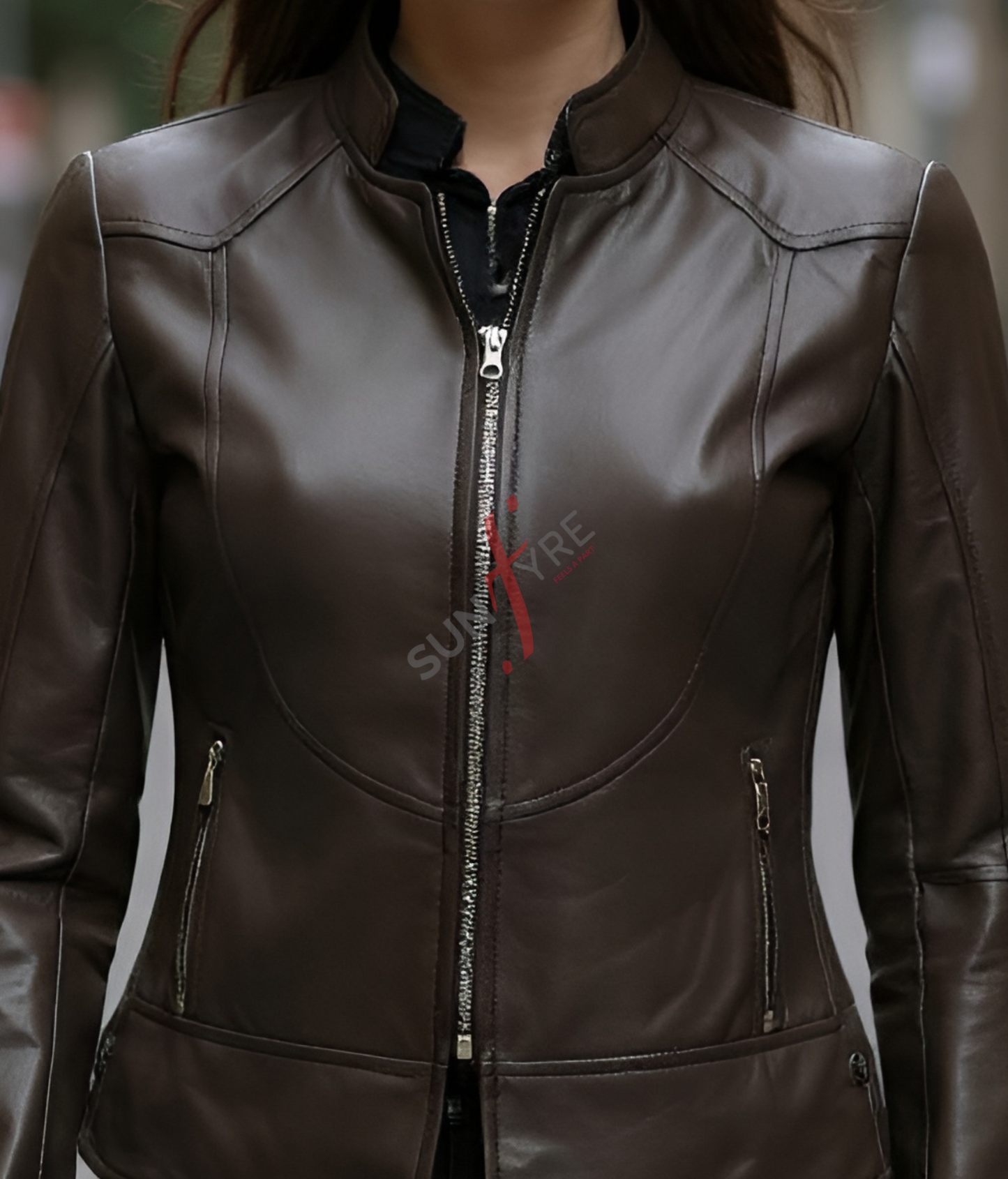 Chocolate Brown Racer Leather Jacket For Women Real Sheepskin
