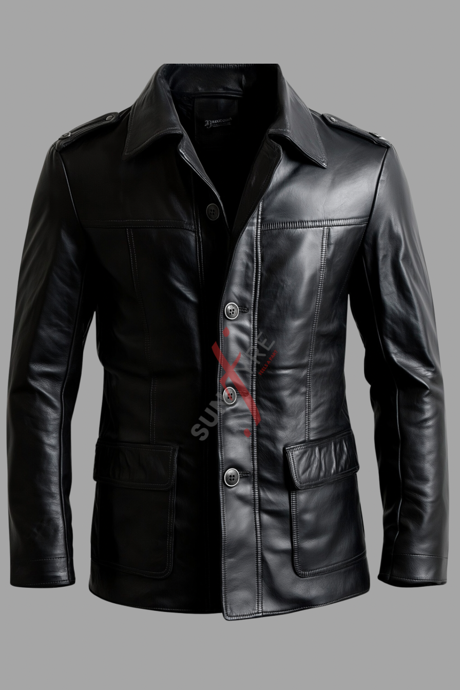 Real Sheepskin Black Leather Coat For Men