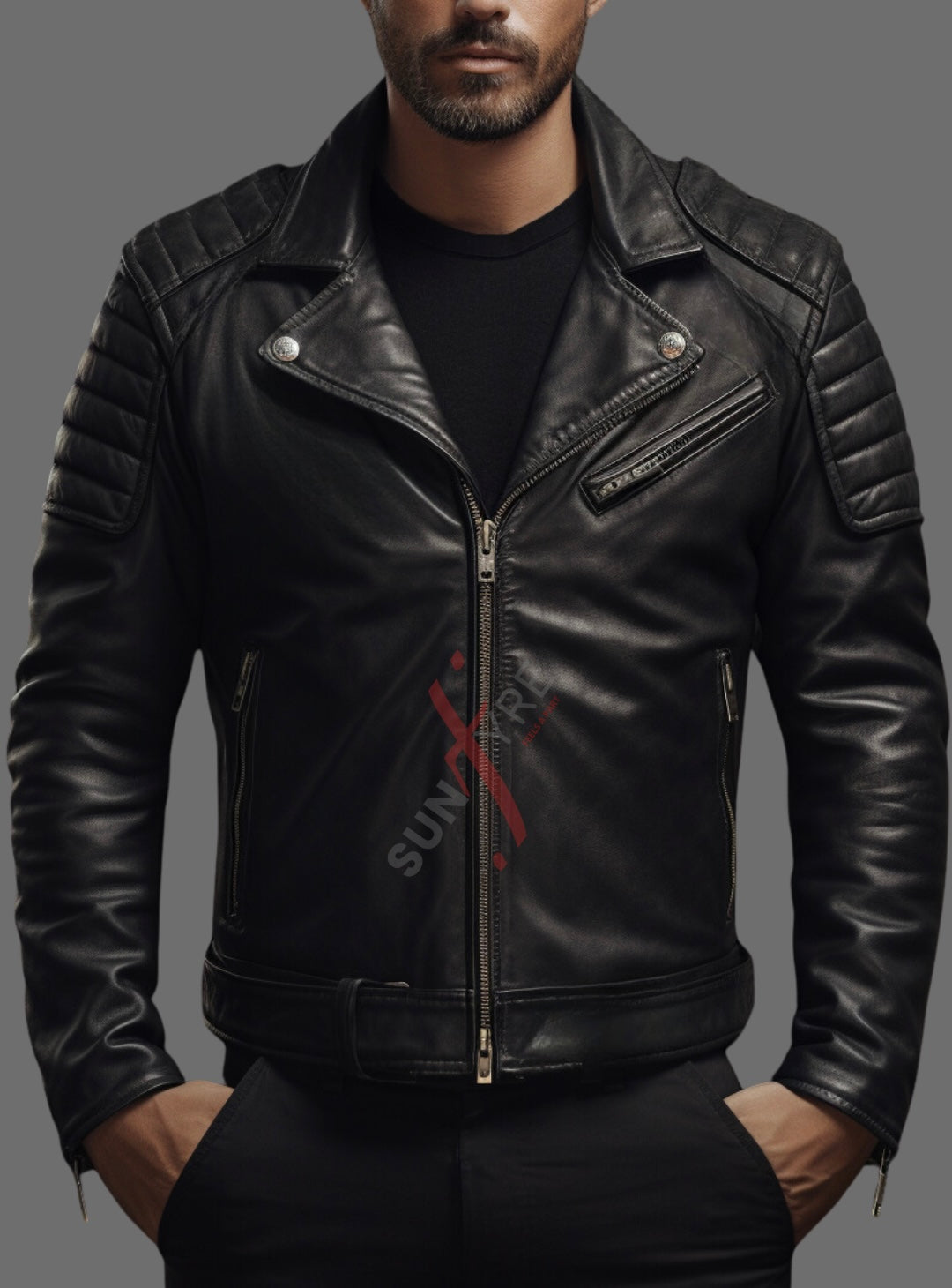 Black Belted Motorcycle Leather Jacket For Men