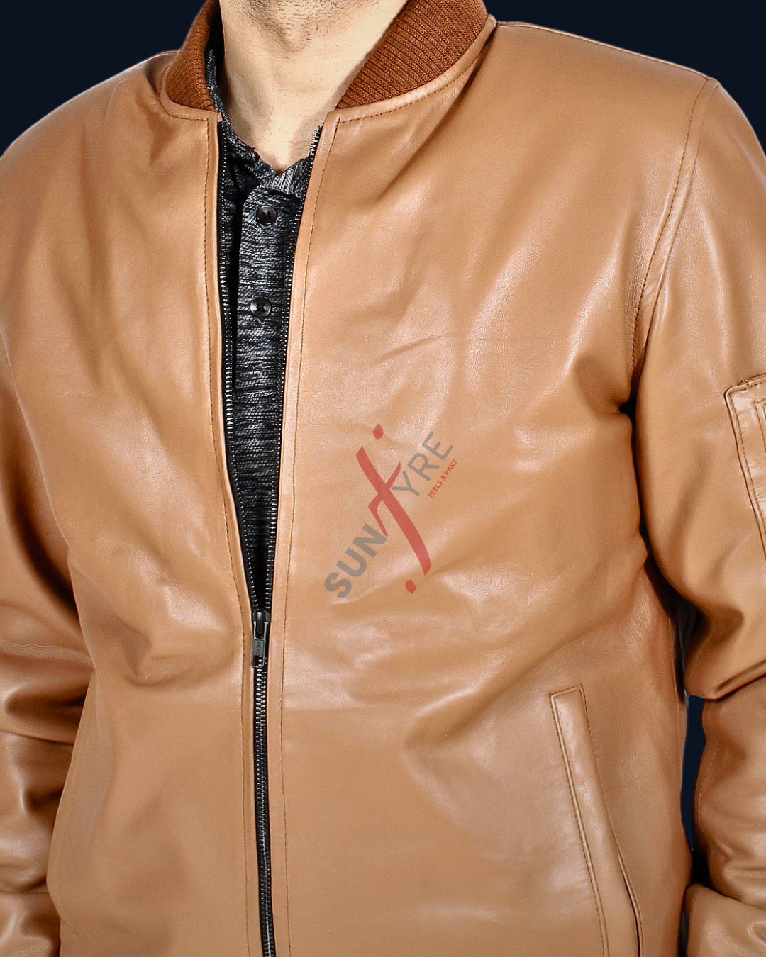 Original Lambskin Cognac Bomber Leather Jacket For Men (SF699)