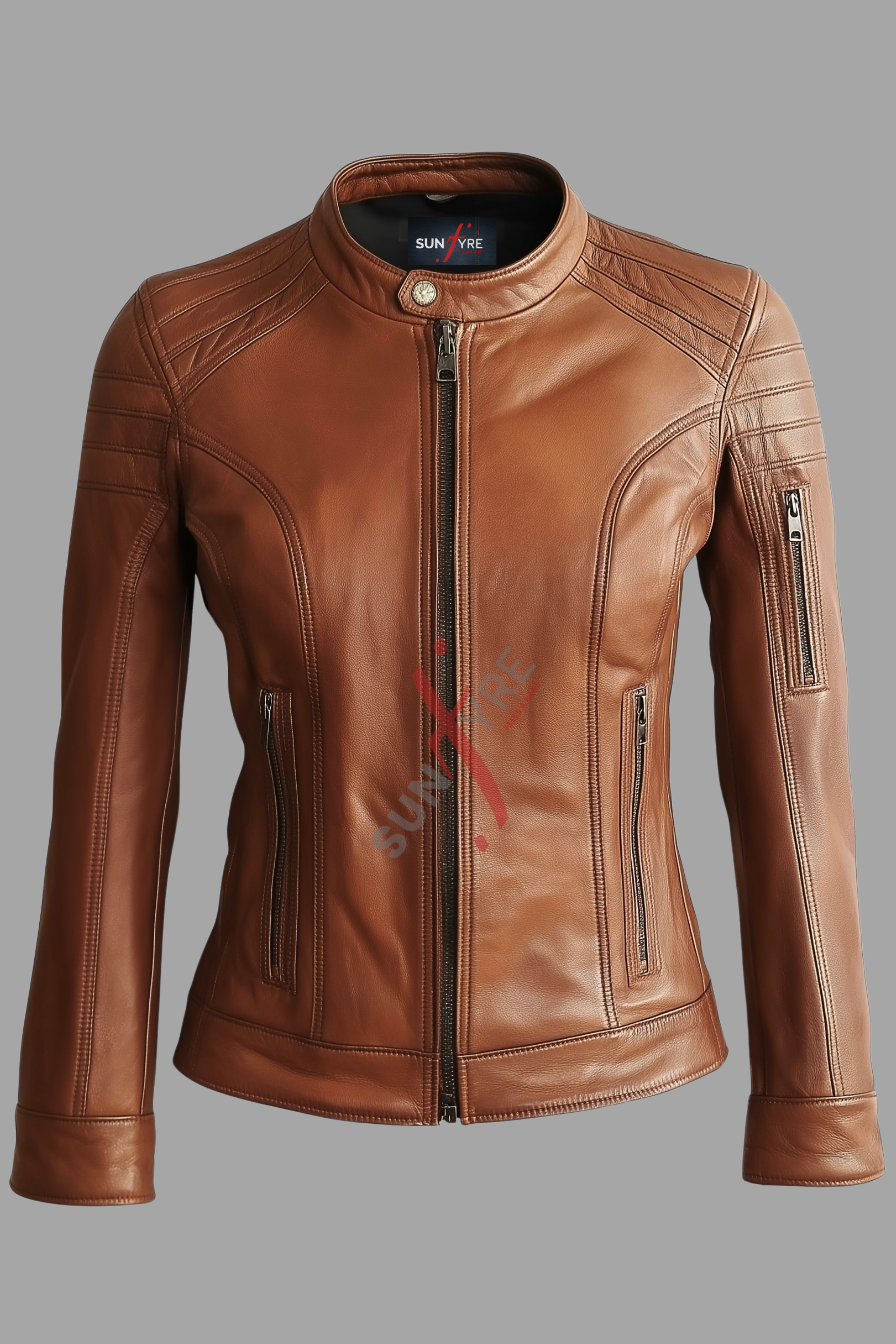 Cafe Racer Sheepskin Tan Biker Leather Jacket For Women