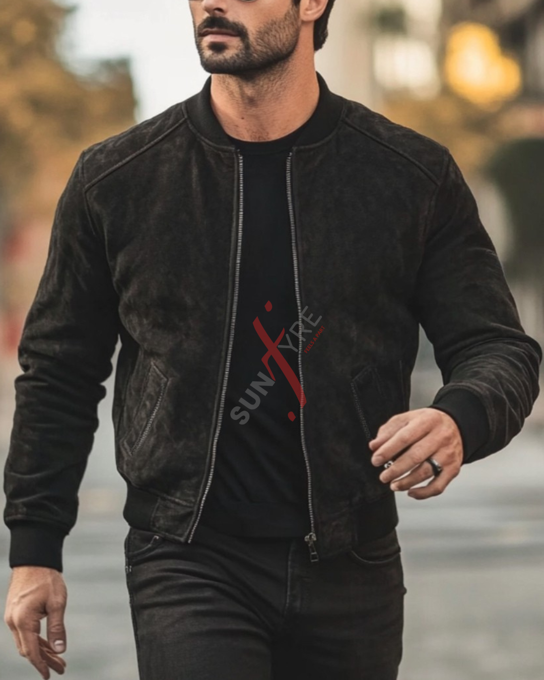 Black Original Sheepskin Nubak Bomber Leather Jacket For Men (SF525)