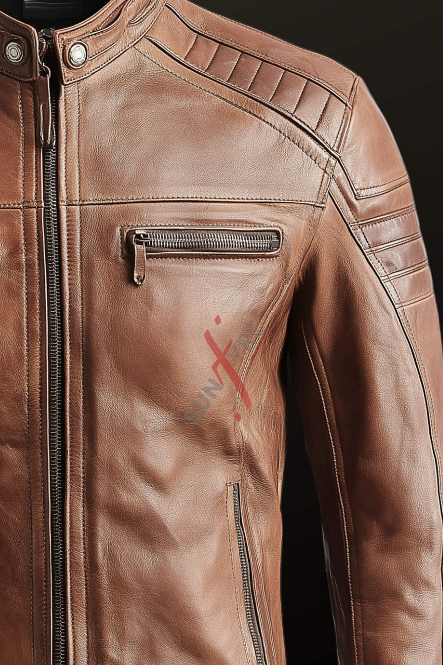 Cafe Racer Slim Fit Tan Biker Leather Jacket For Men