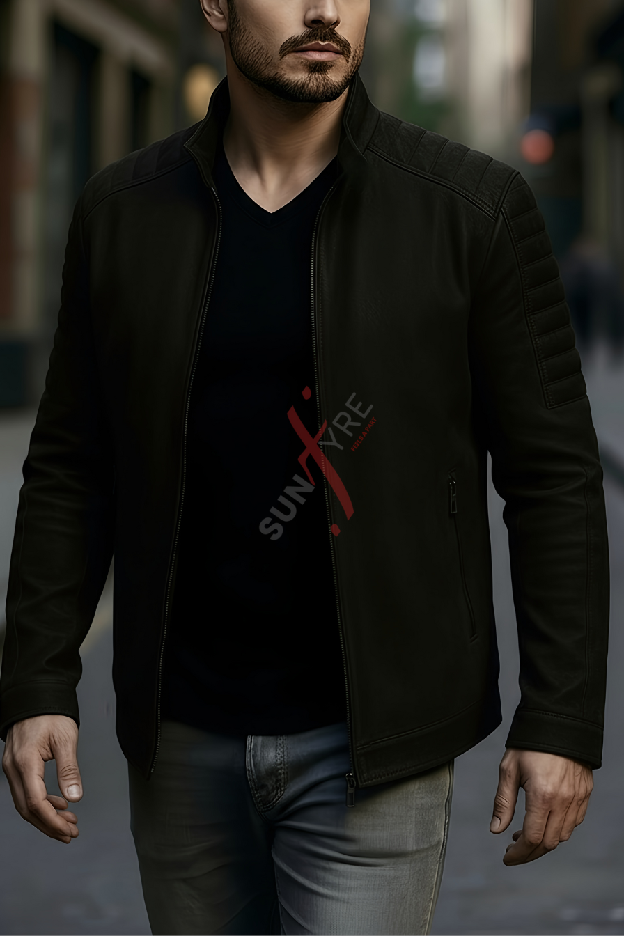 Aaron Nubuck Black Racer Leather Jacket For Men (SF561)