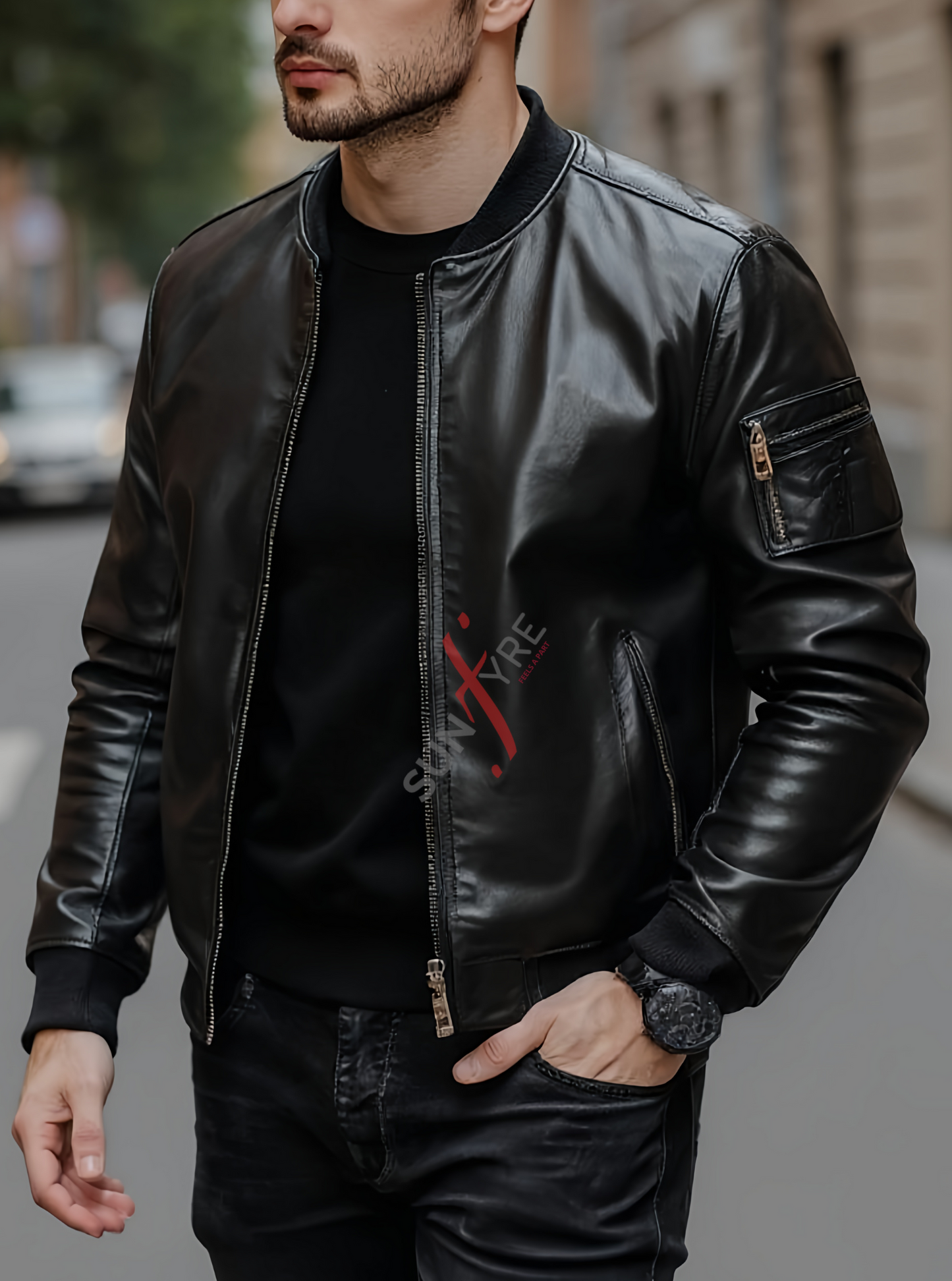 Black Bomber Leather Jacket For Men Lambskin (SF104)