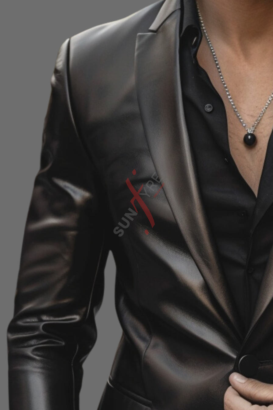 One Button Leather Blazer For Men