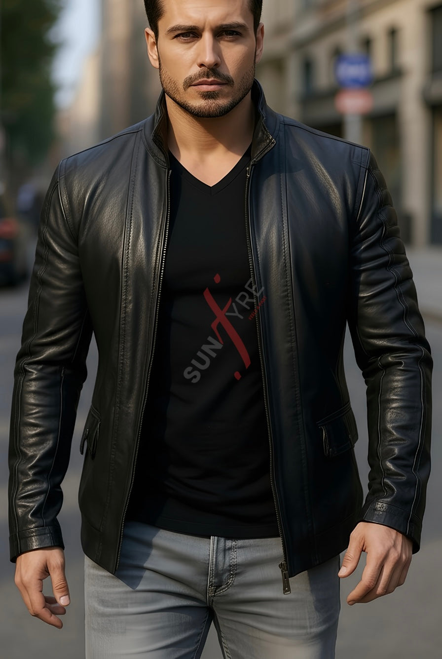 Brasca Black Leather Blazer Jacket For Men (SF596)