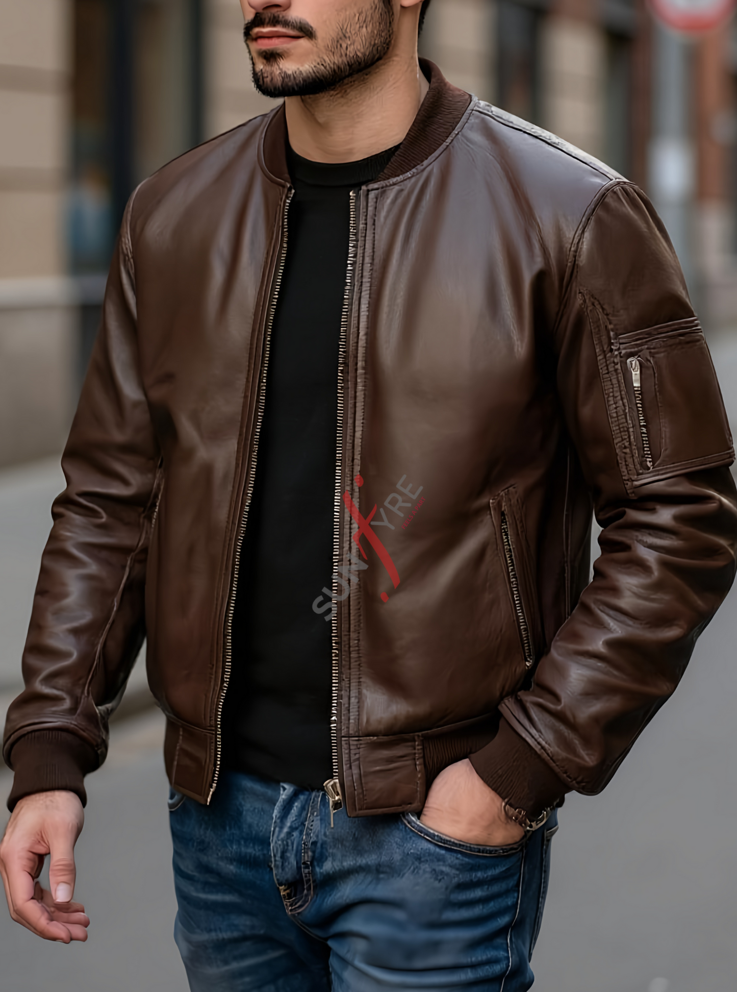 Original Dark Brown Bomber Leather Jacket For Men (SF698)