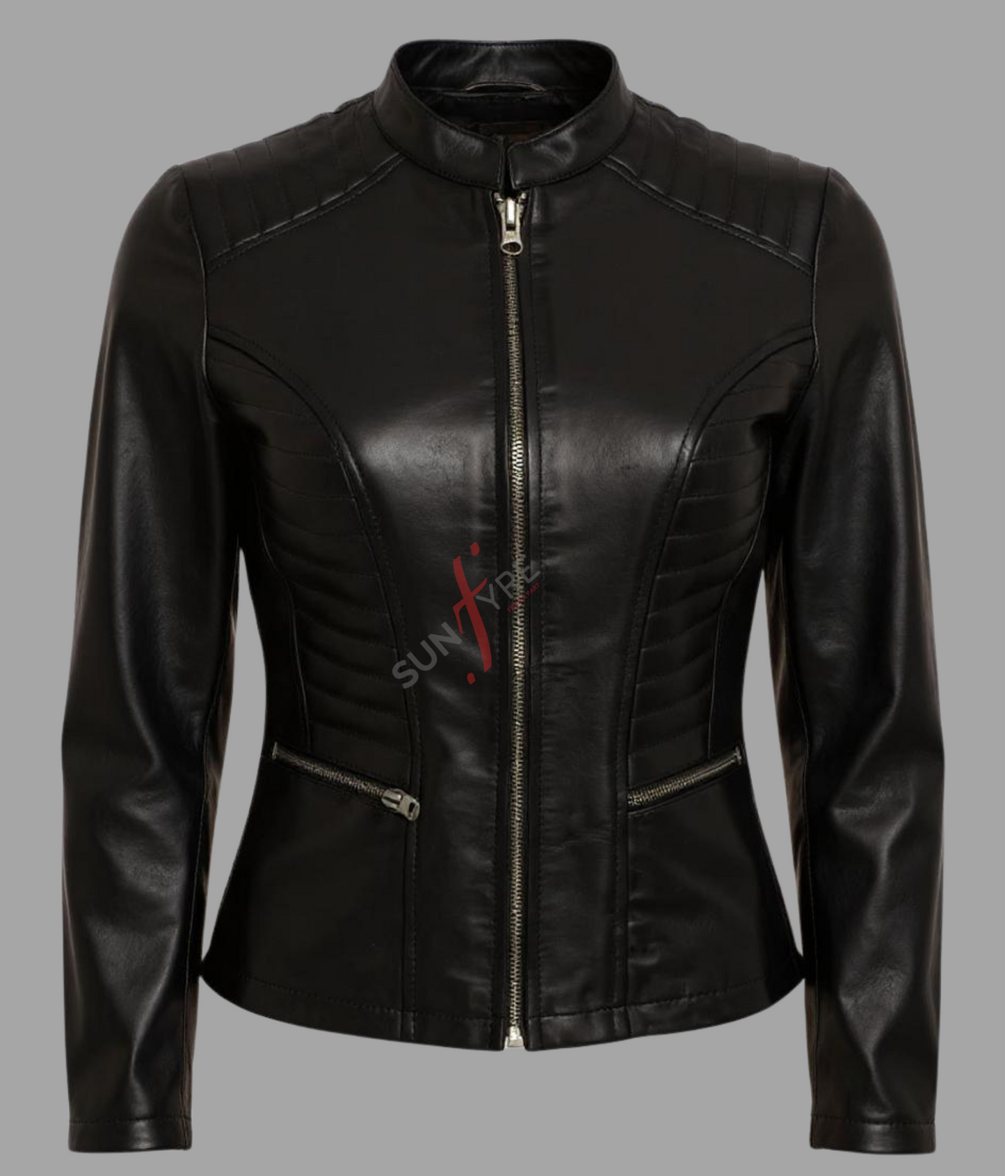 Quilted Shoulder Black Biker Leather Jacket for Women Real Sheepskin