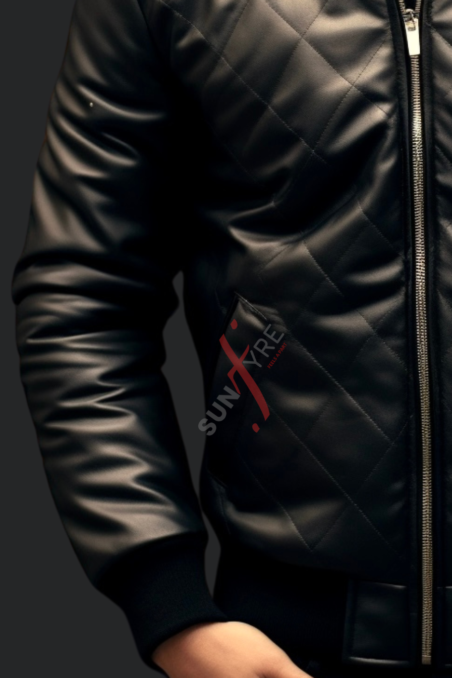 Black Quilted Bomber Leather Jacket
