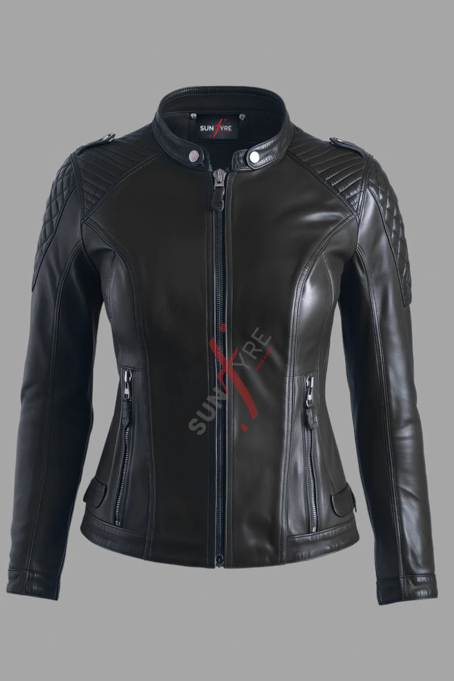 Black Racer Leather Jacket For Women (SF112)