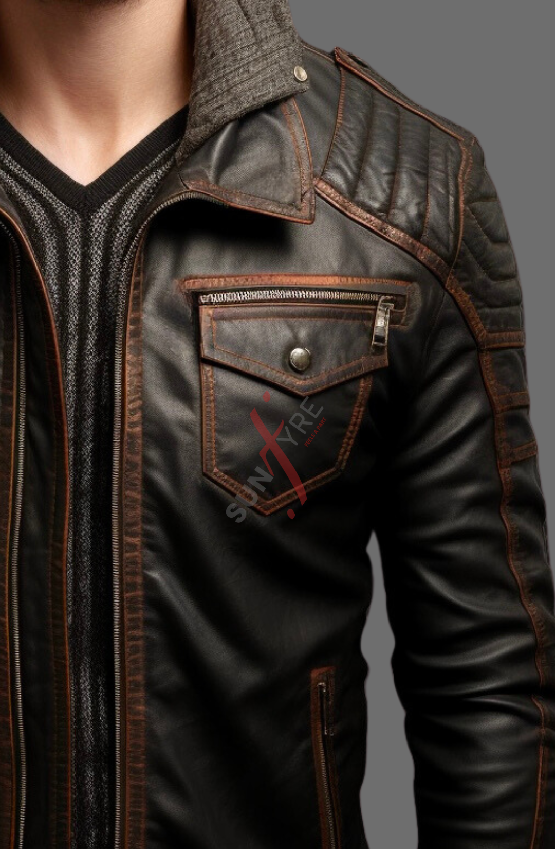 Black Distressed Bomber Leather Jacket For Men