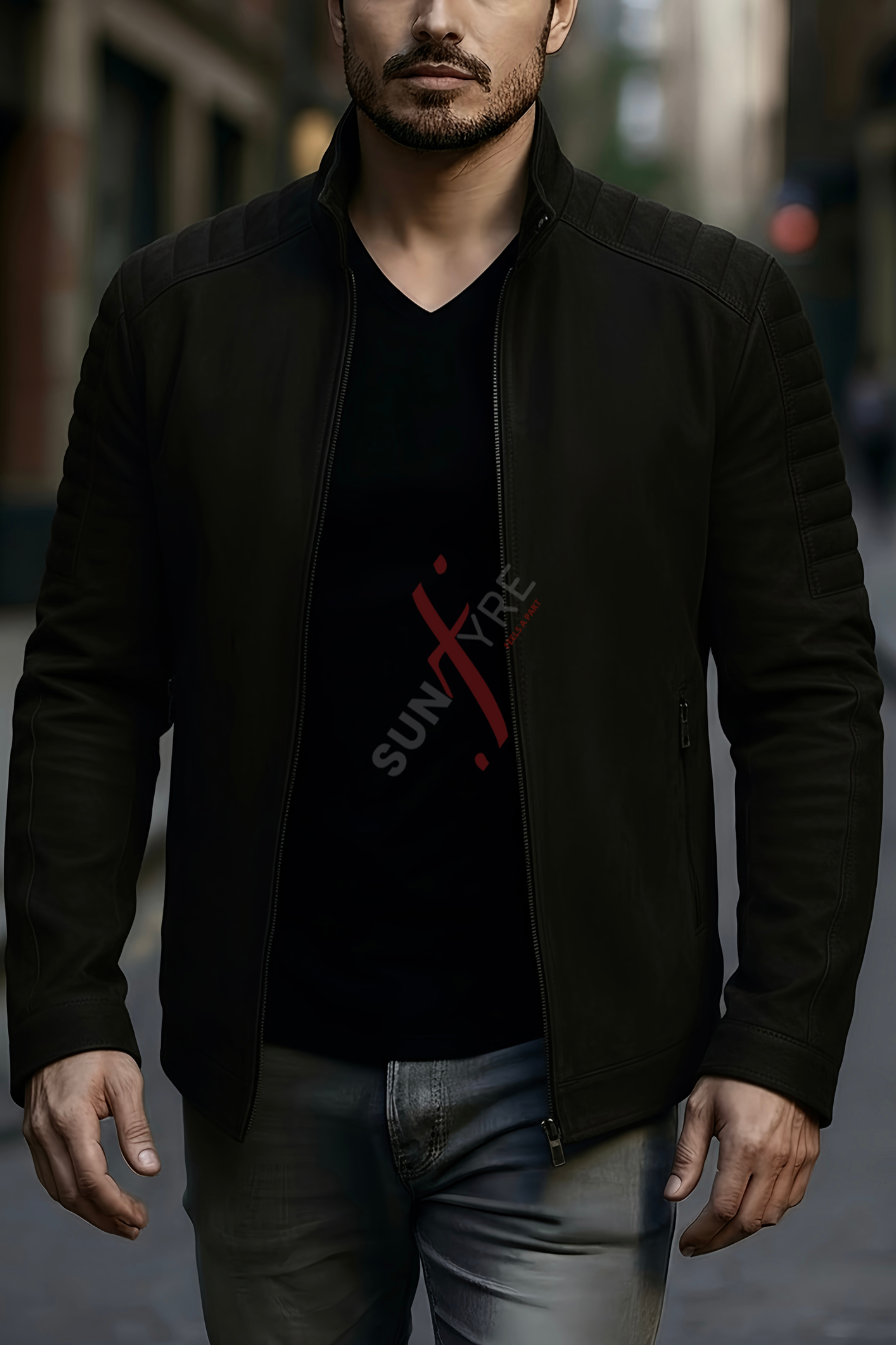 Aaron Nubuck Black Racer Leather Jacket For Men (SF561)