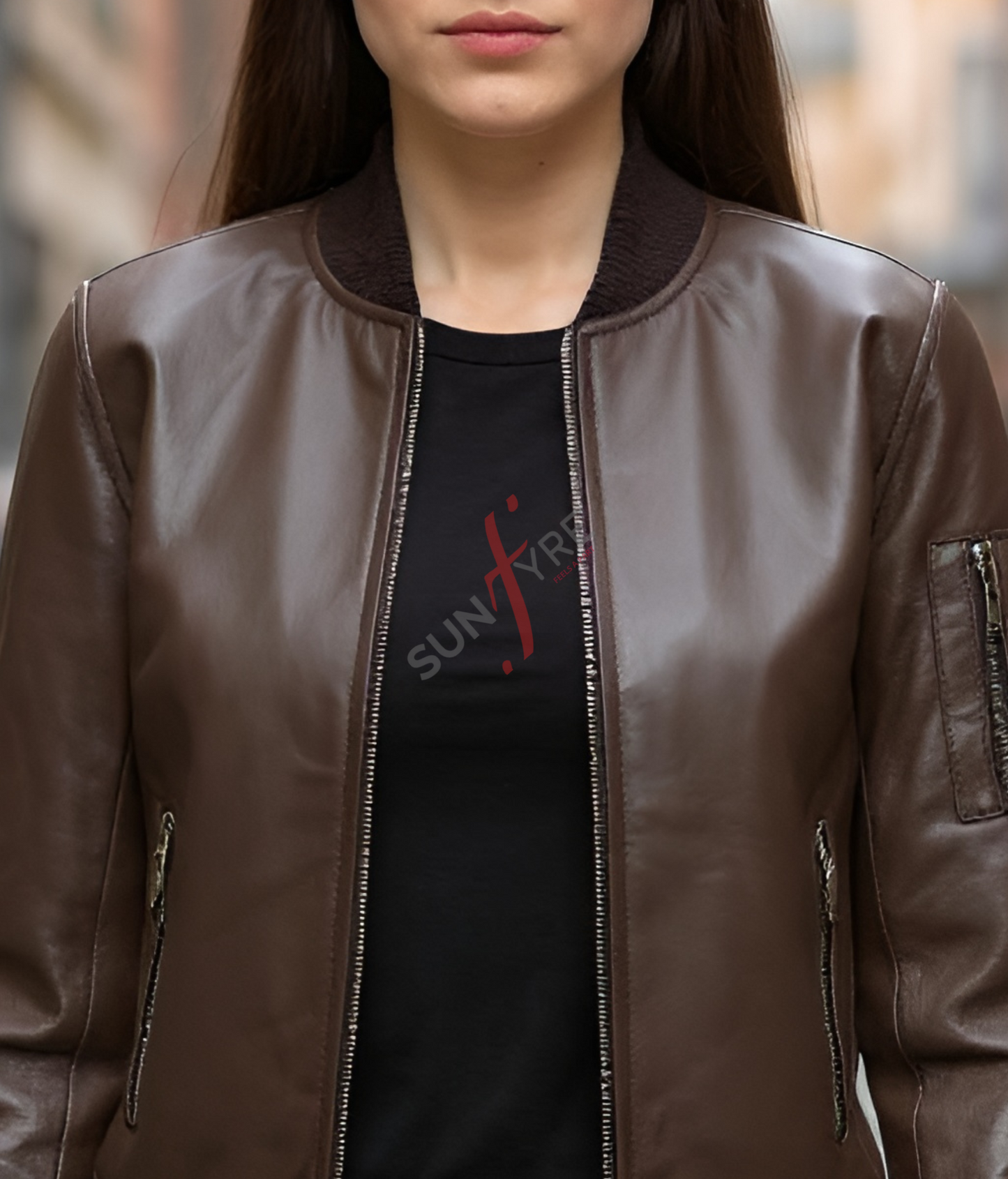 Coffee Brown Sheepskin Bomber Leather Jacket For Women