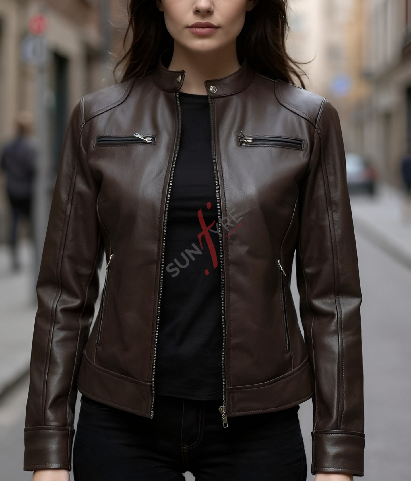 Cafe Racer Dark Brown Leather Jacket for Women (SF330)