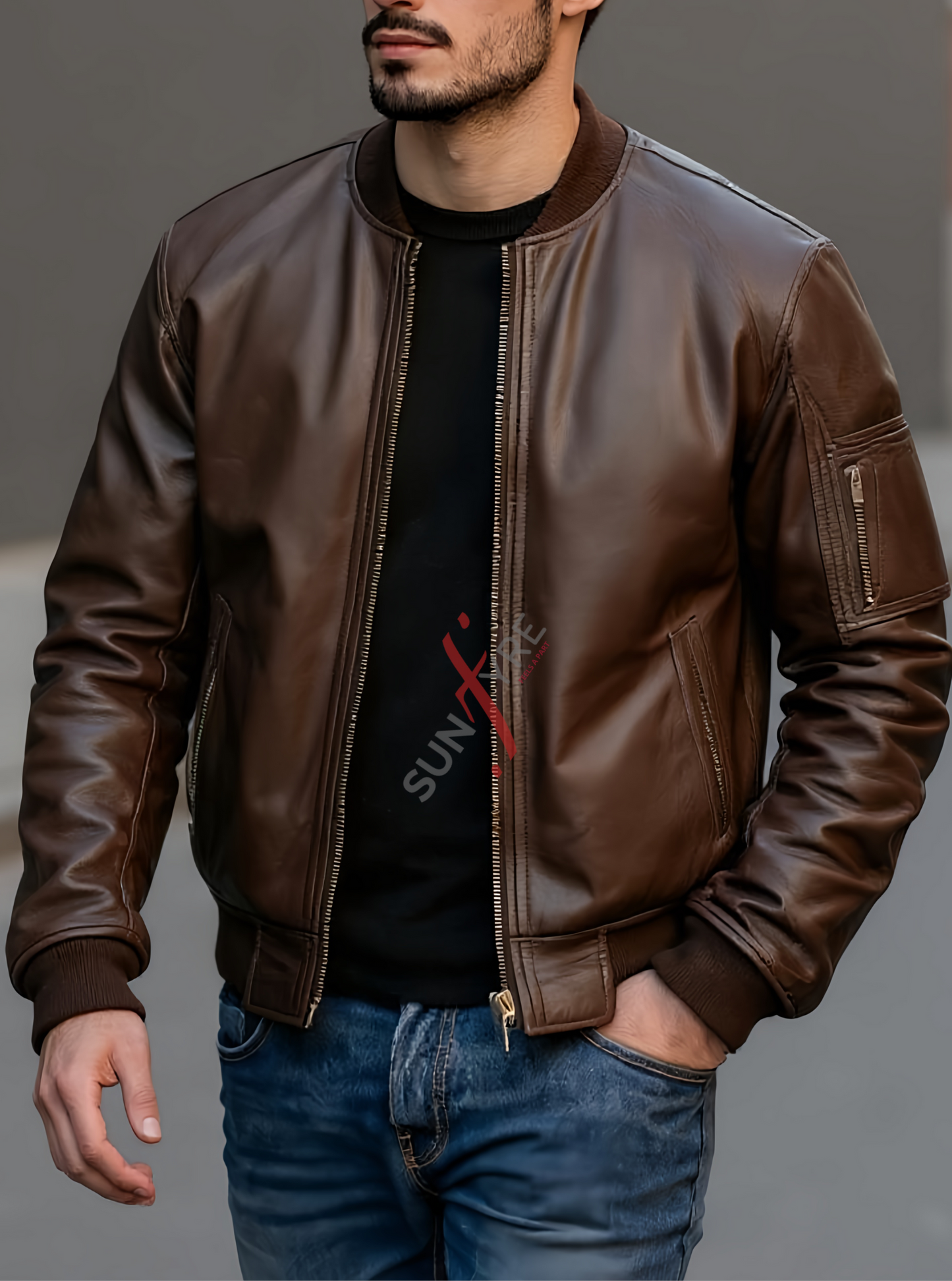 Original Dark Brown Bomber Leather Jacket For Men (SF698)