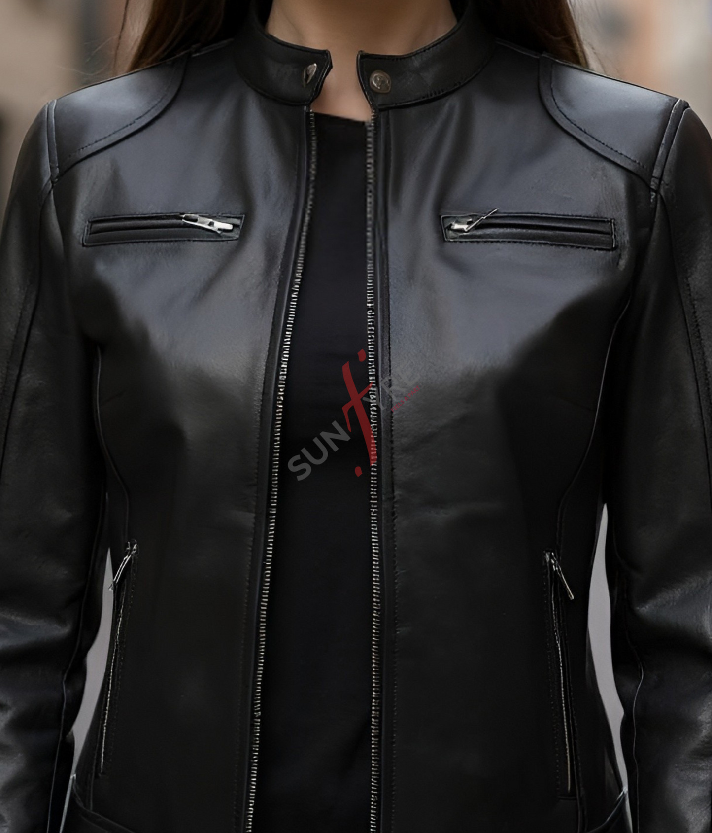 Racer Black Leather Jacket For Women (SF106)