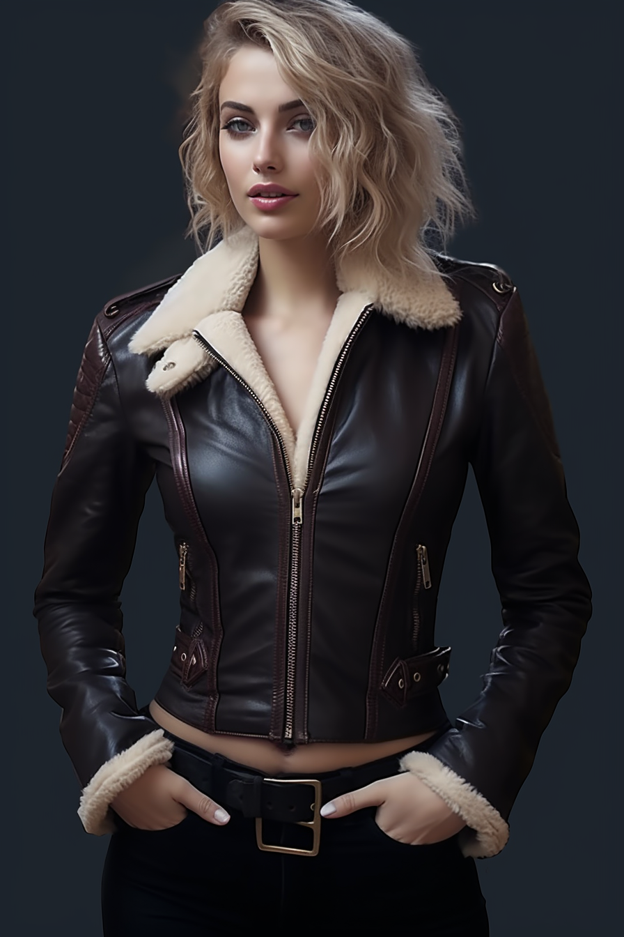 Black Shearling Two Tone Leather Jacket For Women Sheepskin (SF346)