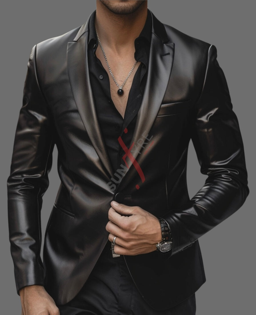 Original Black One Button Leather Blazer For Men