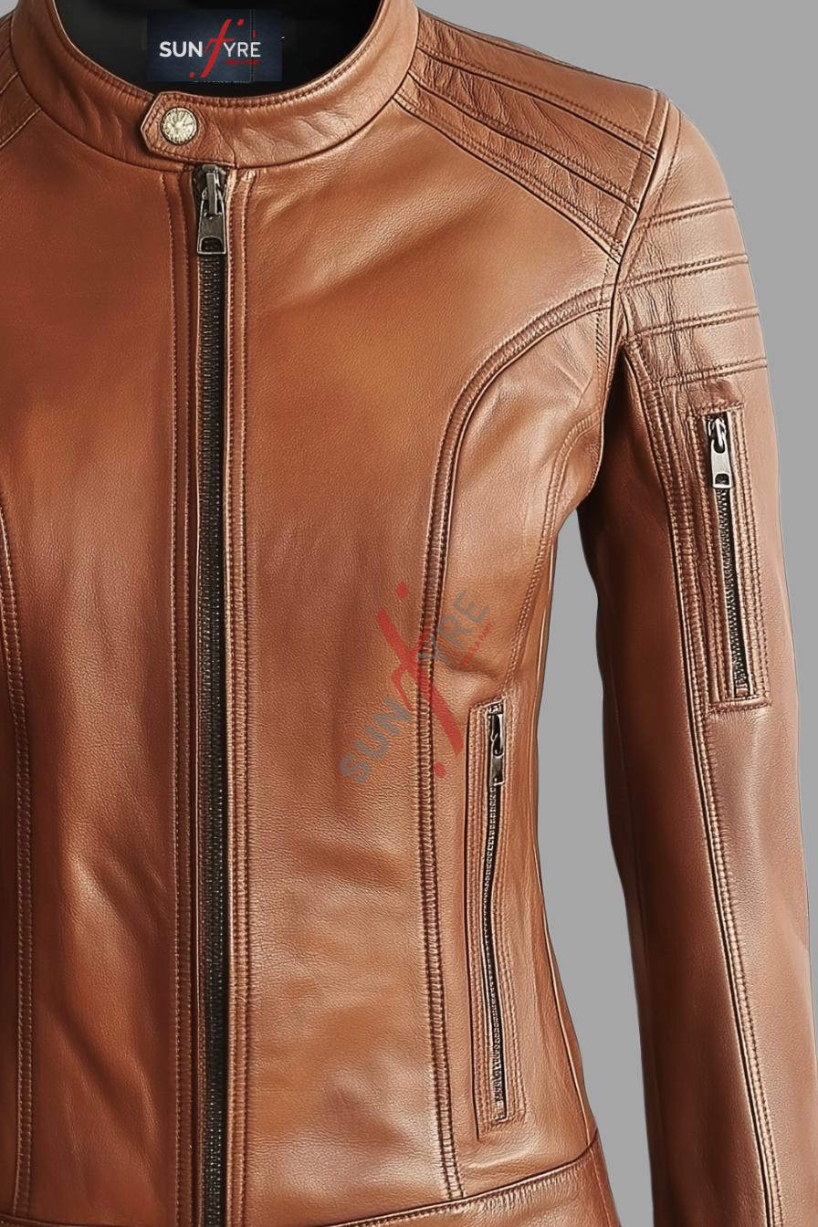 Sheepskin Tan Biker Leather Jacket For Women