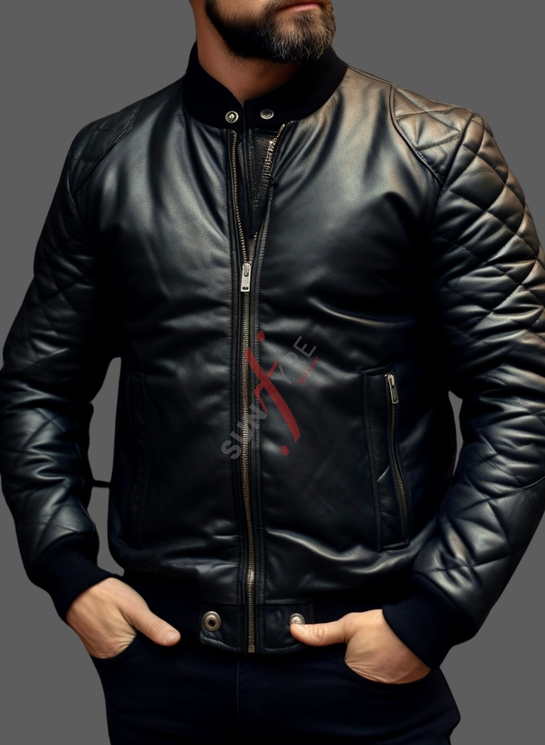 Original Sheepskin Black Bomber Leather Jacket For Men