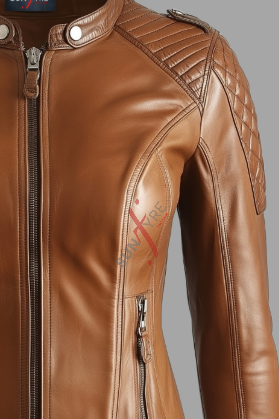 Tan Cafe Racer Leather Jacket For Women