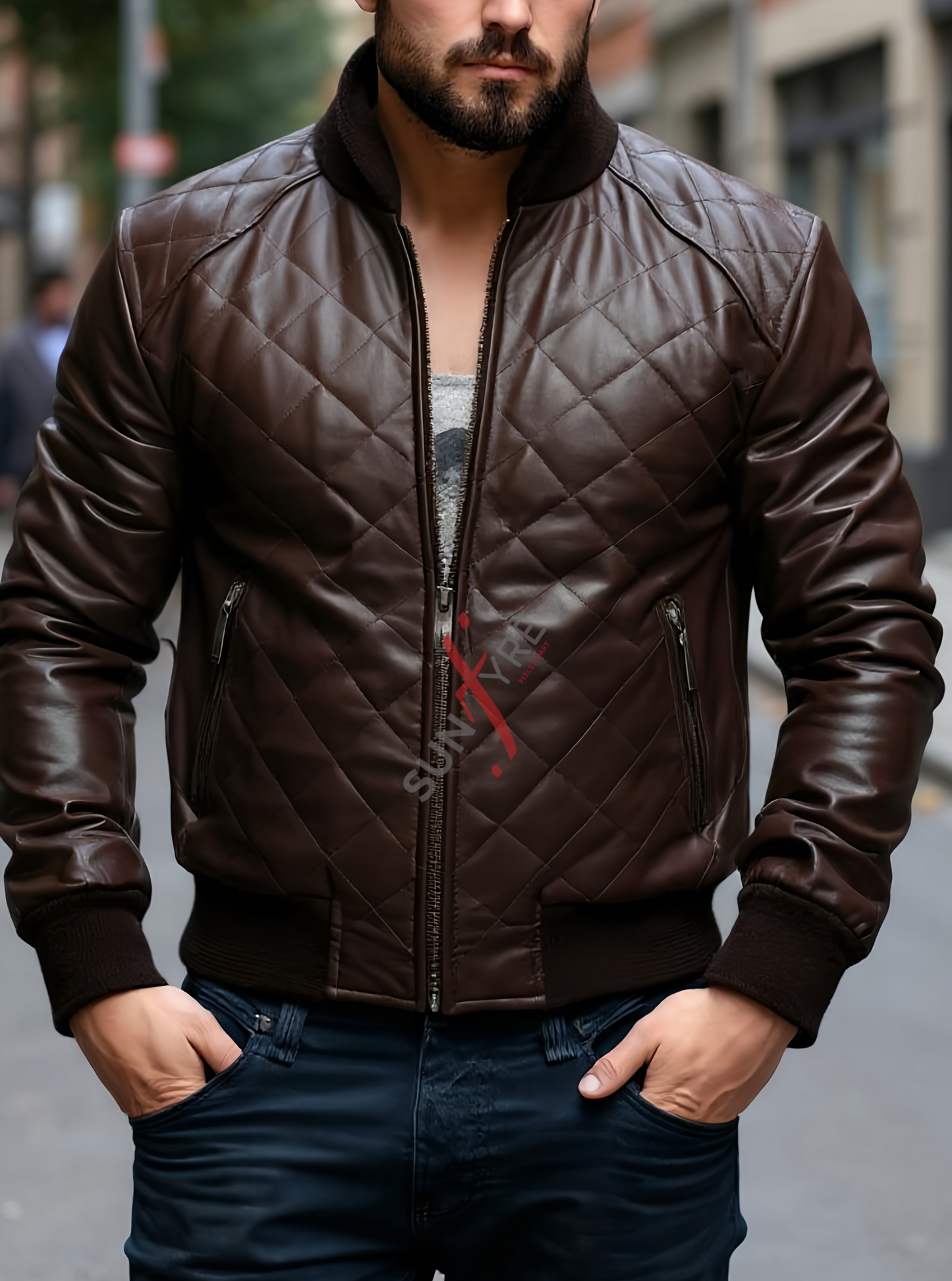 Quilted Brown Classic Bomber Leather Jacket For Men Real in Sheepskin (SF609)
