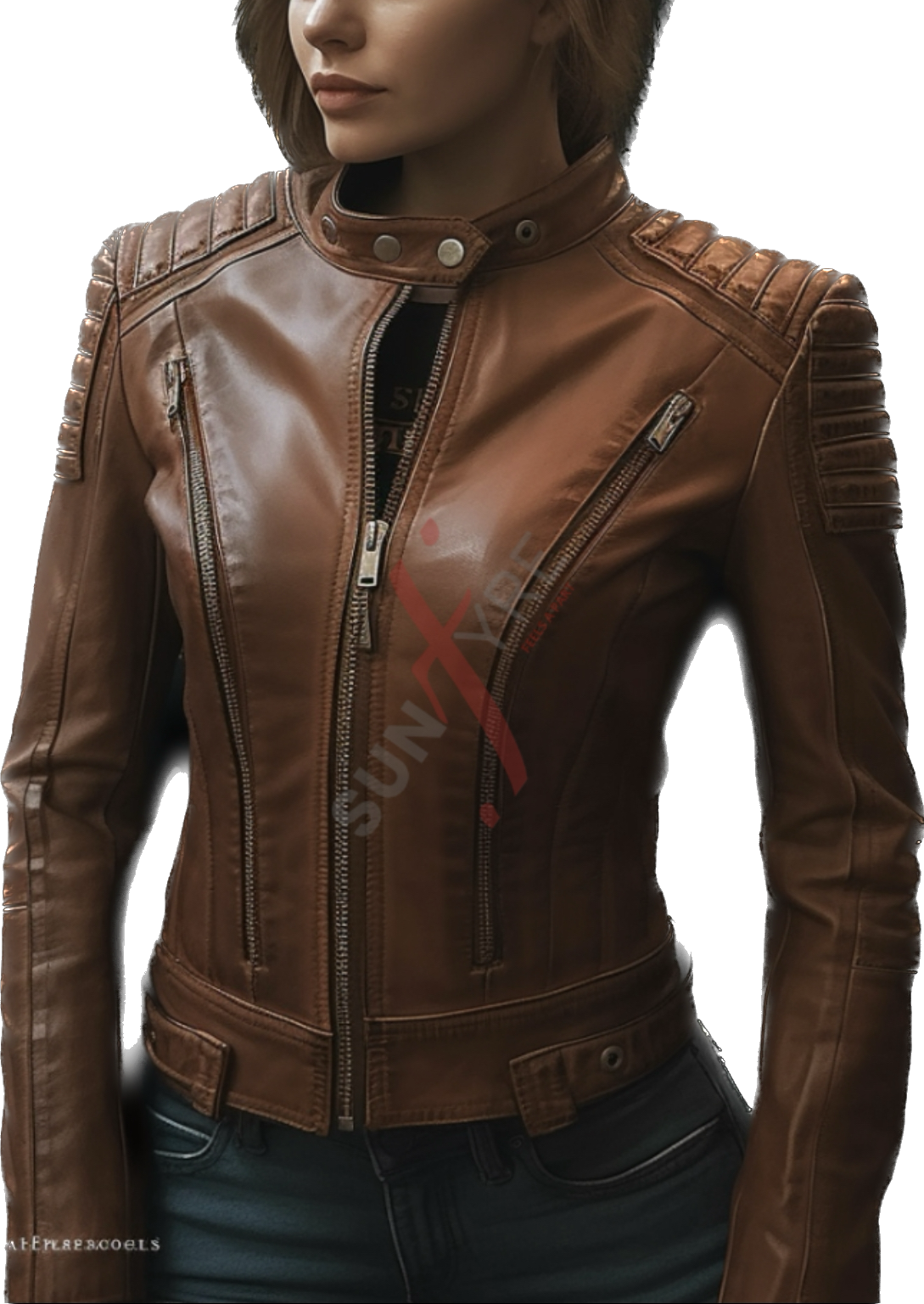 Tan leather jacket for women