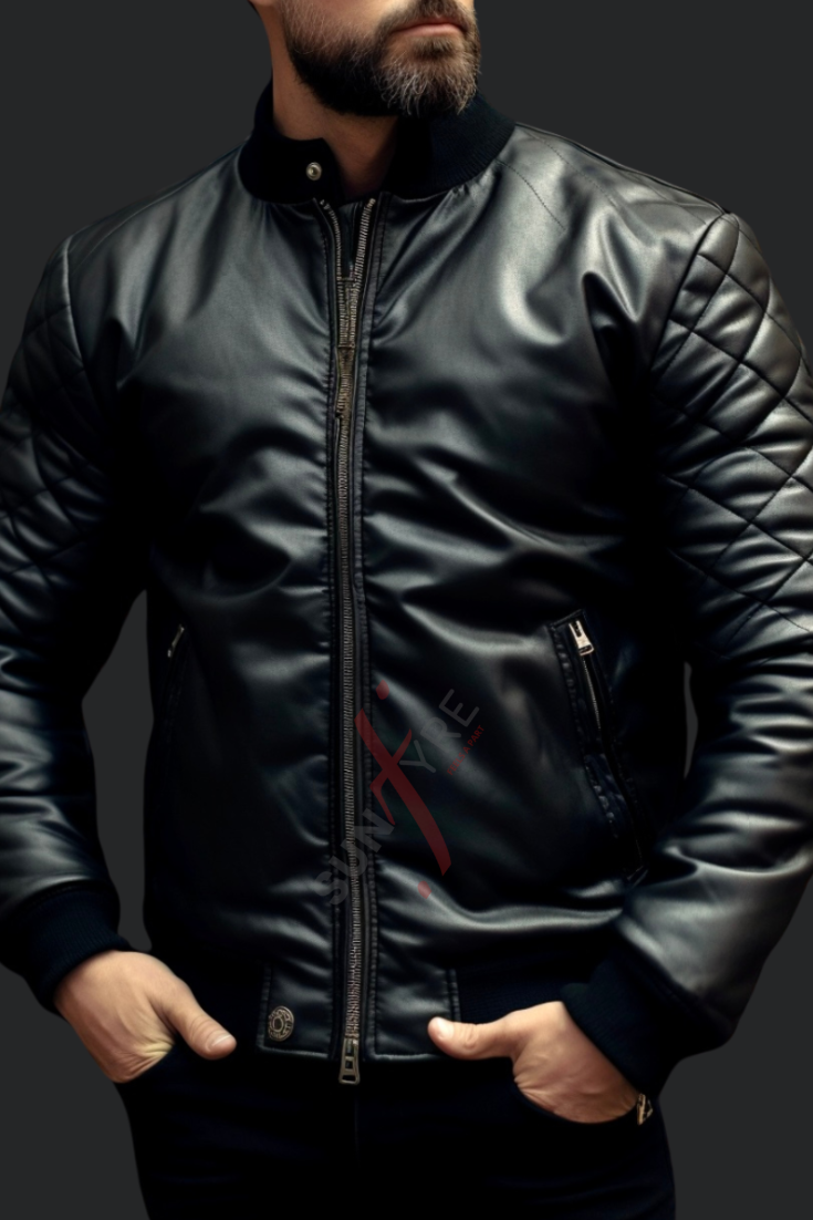 Mens Black store Leather Quilted Zipped Jacket Genuine Sheepskin