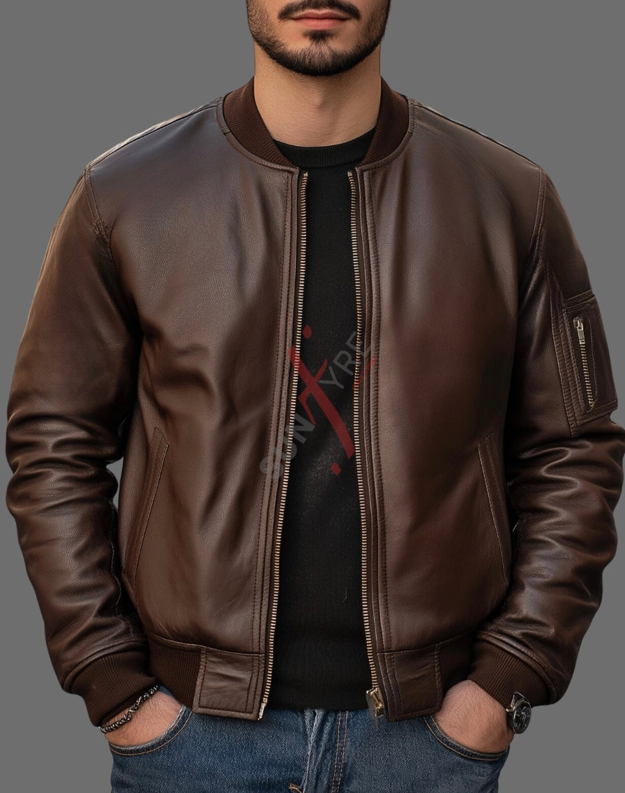 Dark brown bomber leather jacket