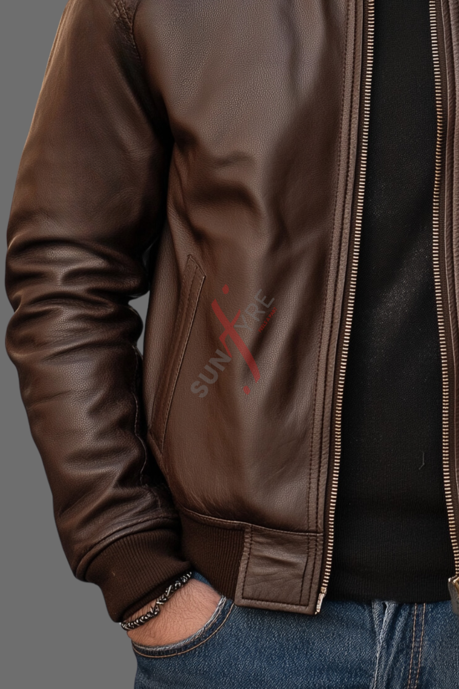 Dark brown bomber leather jacket-4