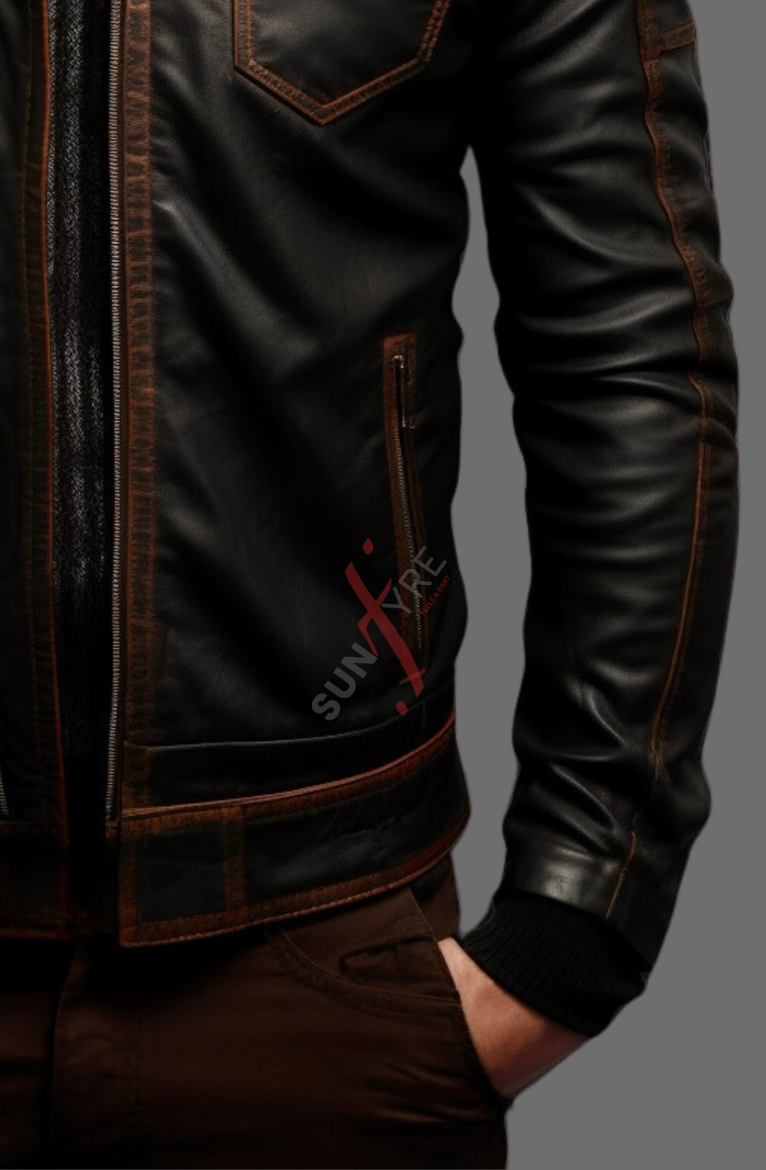 Black Distressed Bomber Leather Jacket