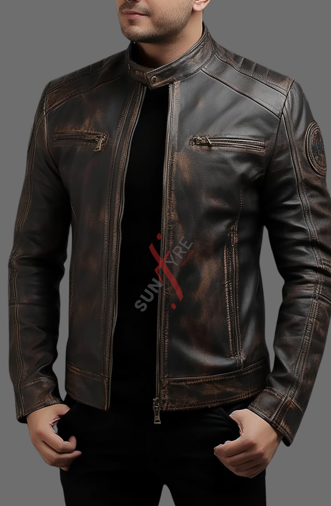 Real Sheepskin Cafe Racer Vintage style Brown Distressed Leather Jacket For Men