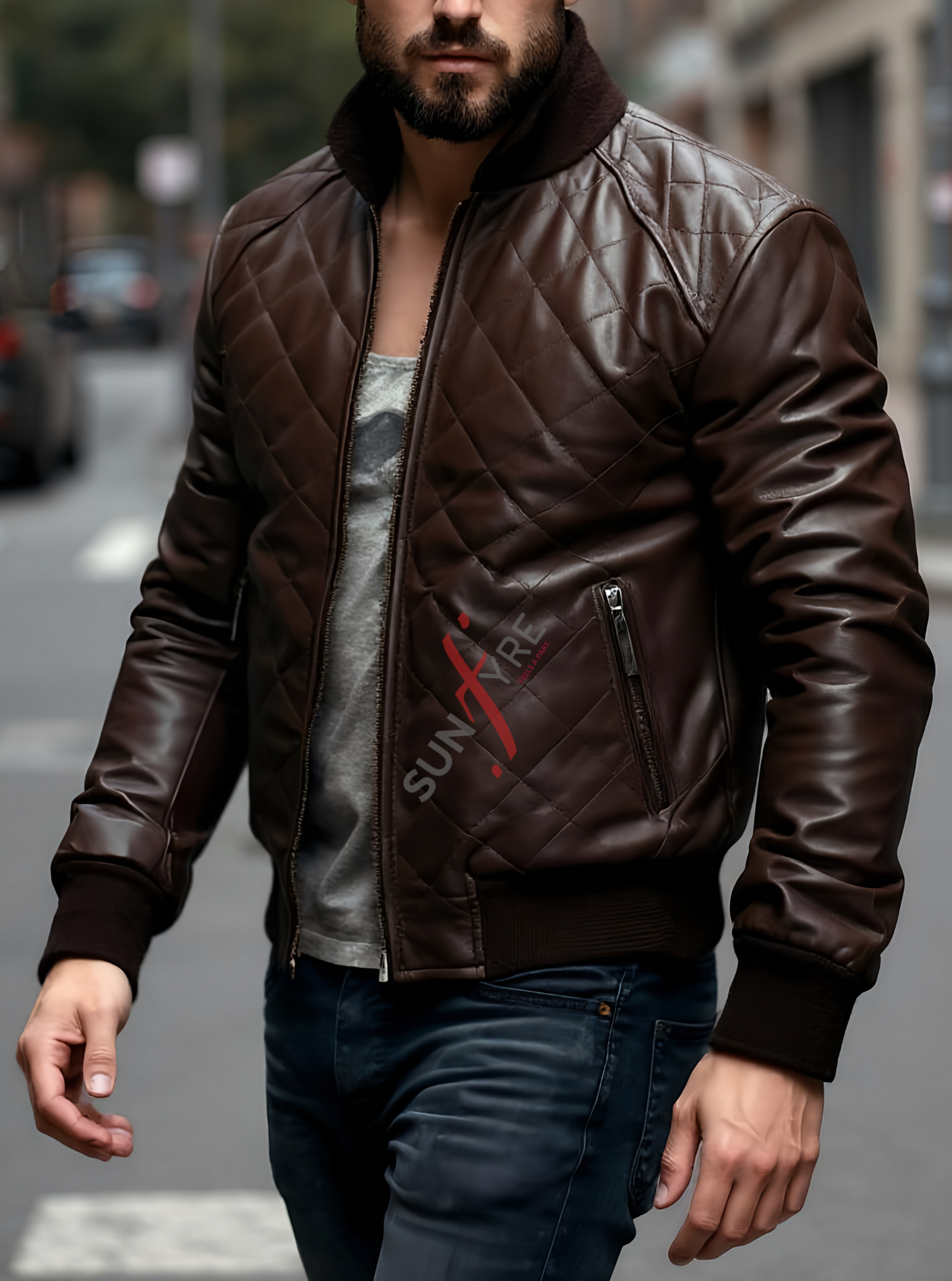Quilted Brown Classic Bomber Leather Jacket For Men Real in Sheepskin (SF609)