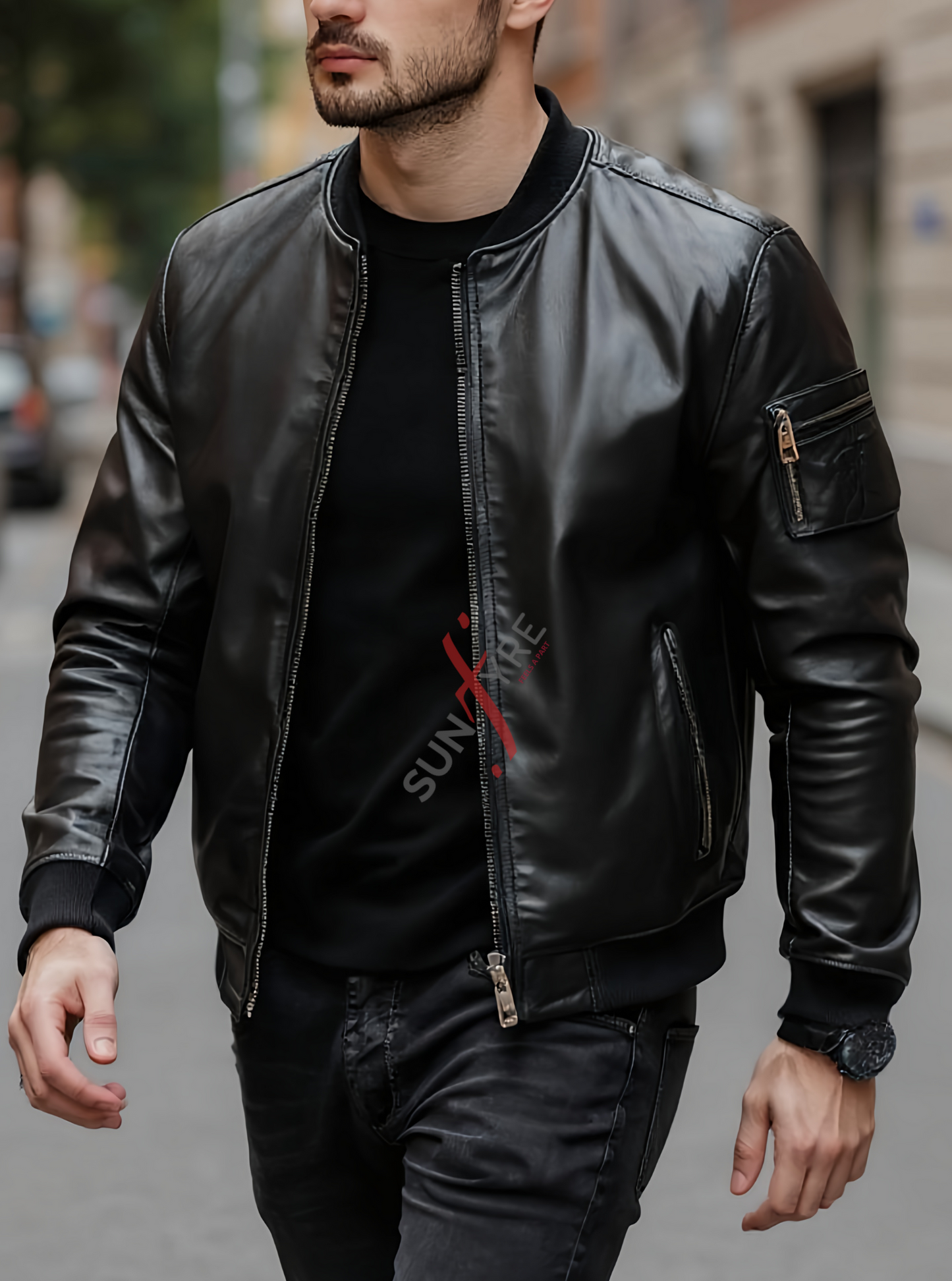 Black Bomber Leather Jacket For Men Lambskin (SF104)