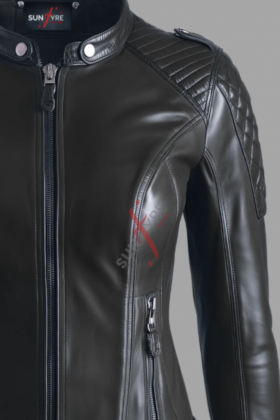 Alina Black Racer Leather Jacket For Women (SF112)