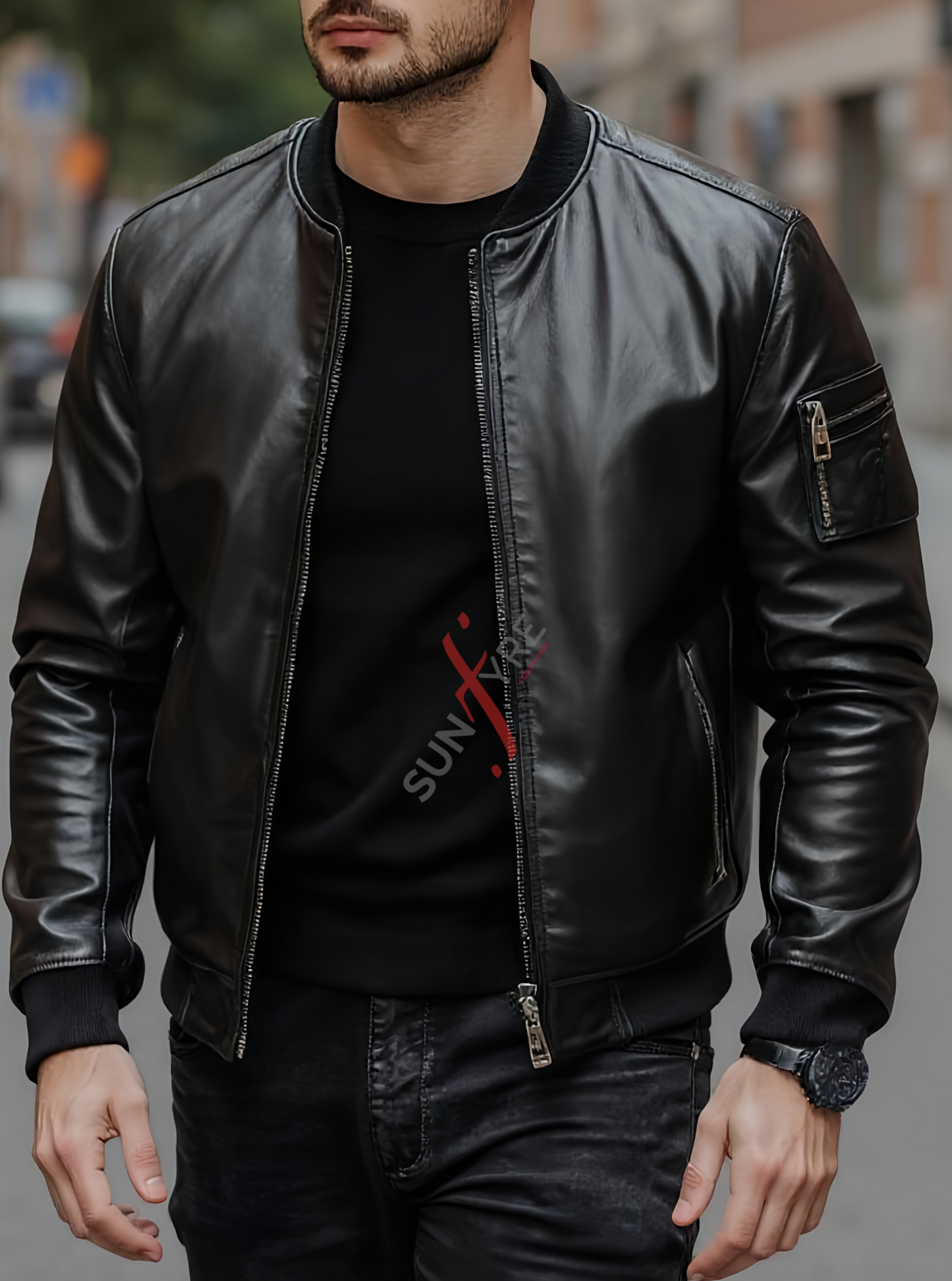 Black Bomber Leather Jacket For Men Lambskin (SF104)
