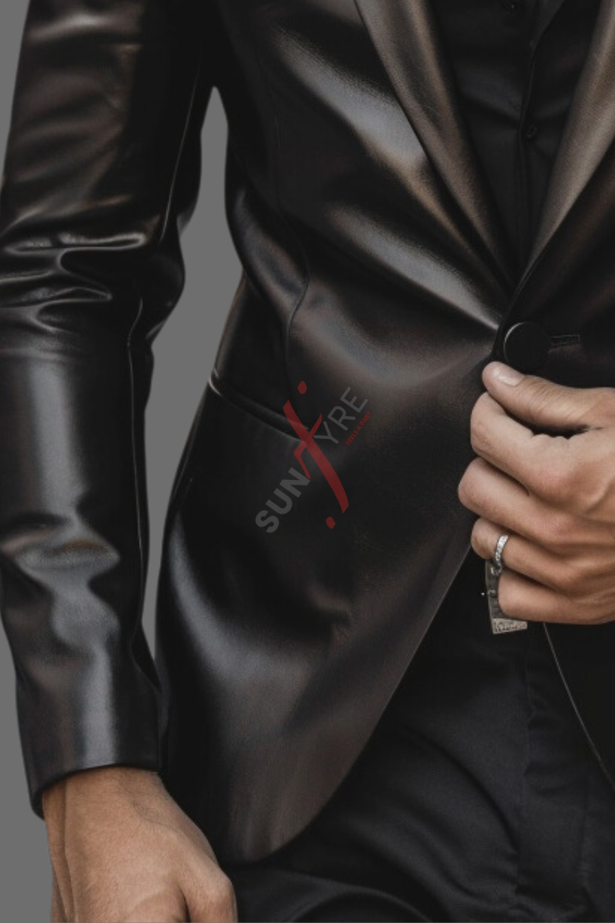 Black One Button Leather Blazer