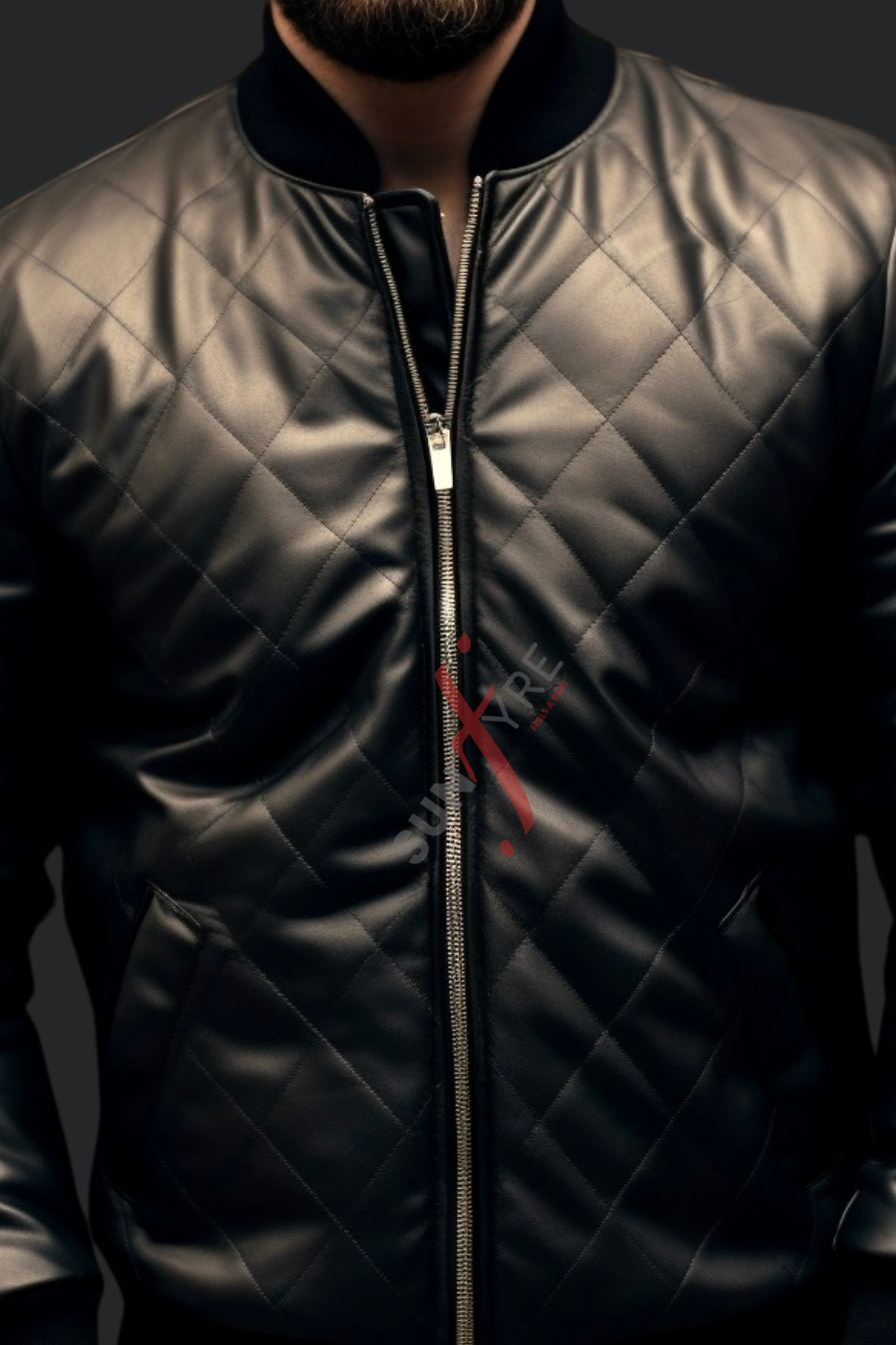 Black Quilted Bomber Leather Jacket For Men