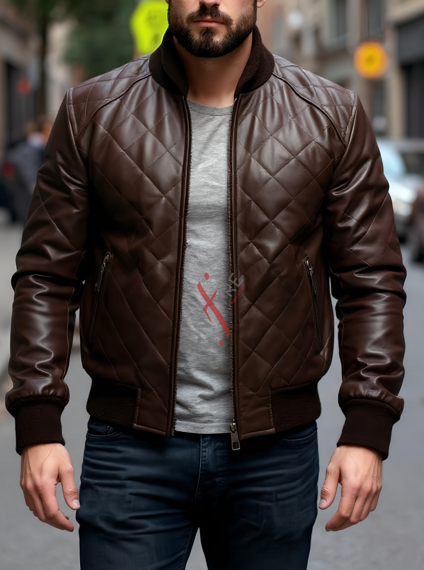 Quilted Brown Classic Bomber Leather Jacket For Men Real in Sheepskin (SF609)