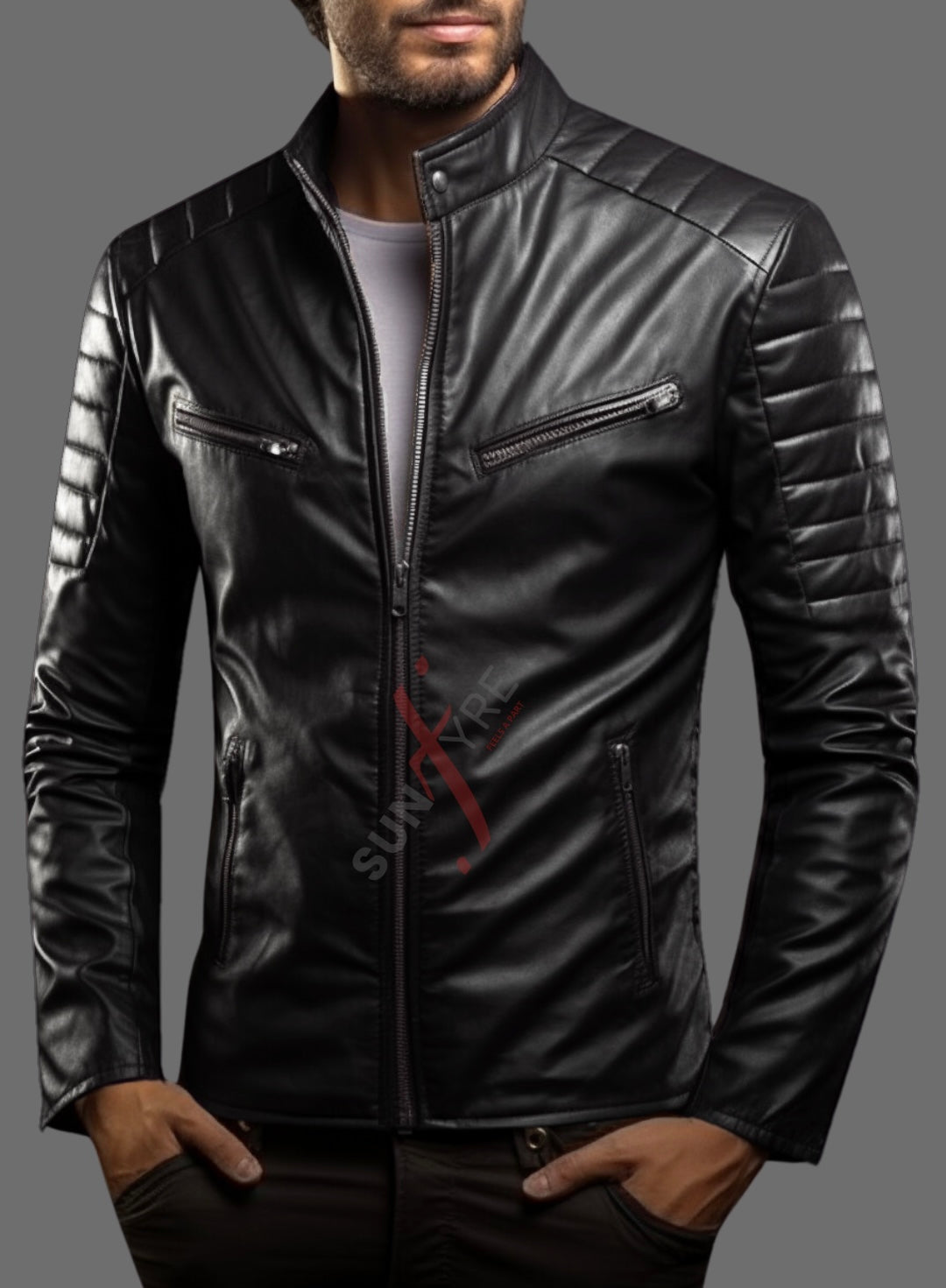 Cafe Racer Black Leather Jacket For Men Real Lambskin