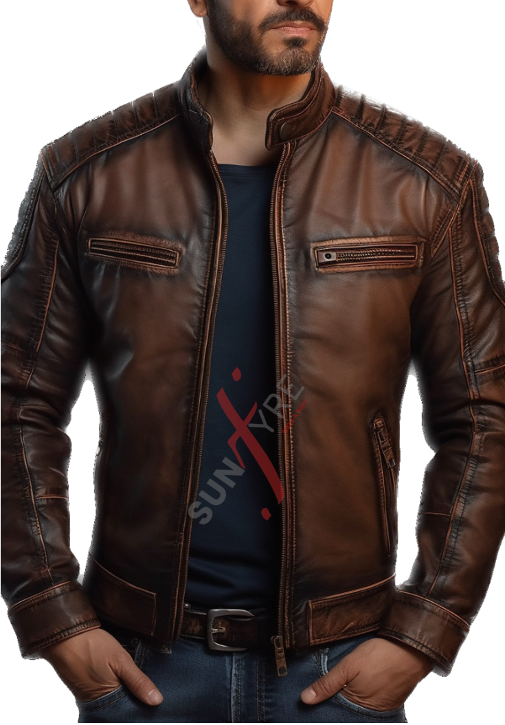 Real Sheepskin Cafe Racer Brown Distressed Leather Jacket For Men