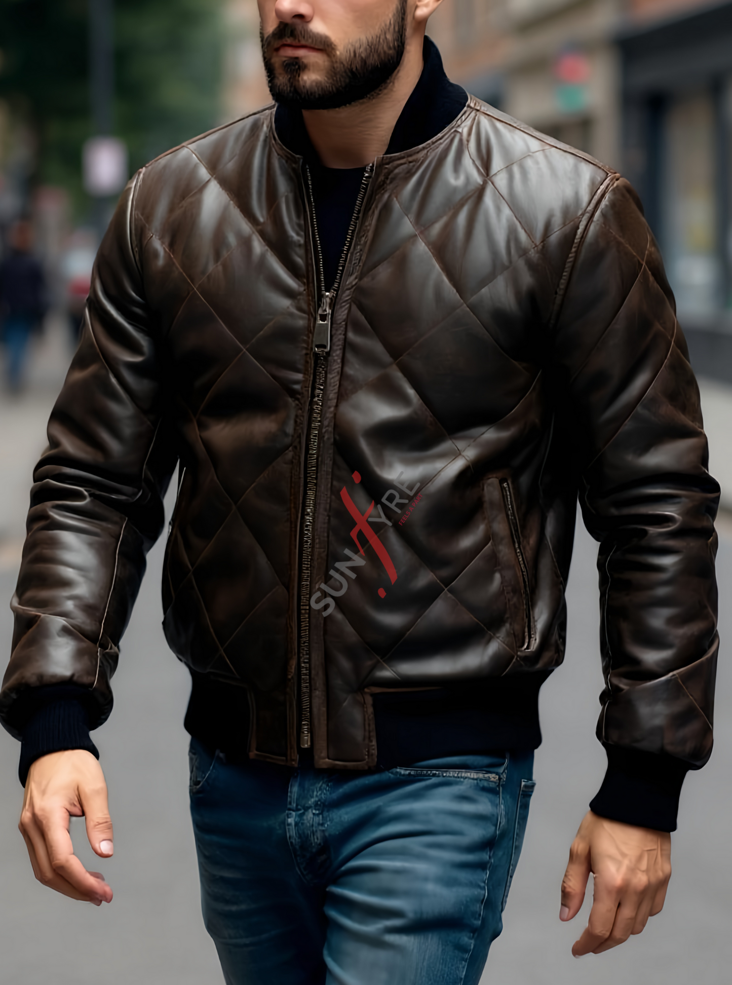 Quilted Dark Brown Bomber Leather Jacket For Men(SF617)