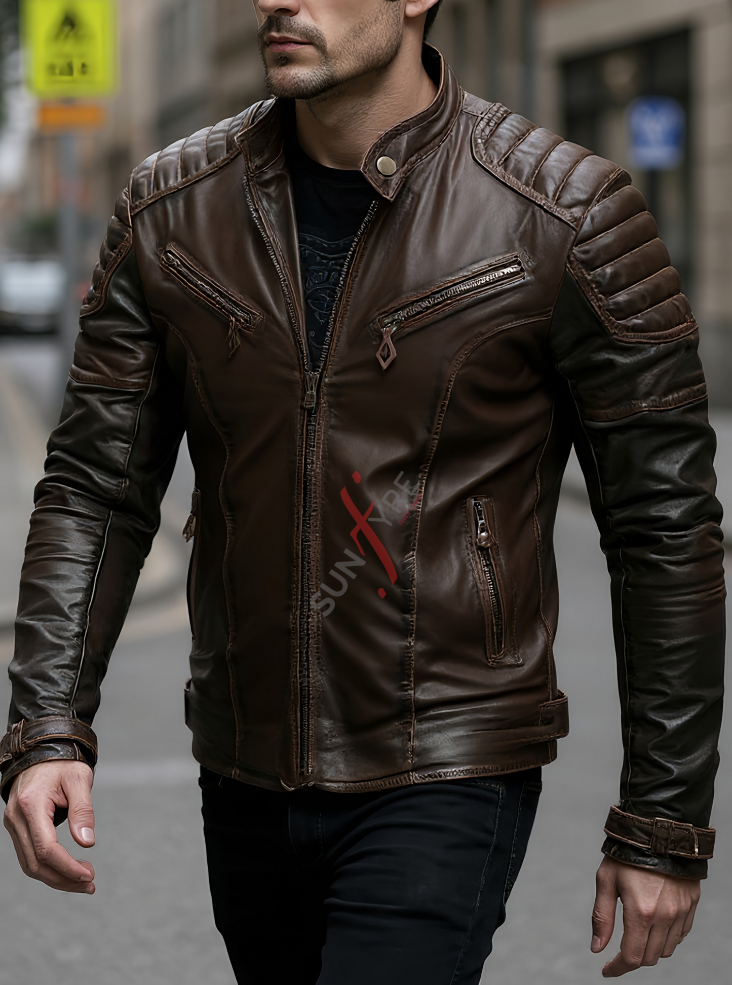 Rock Brown quilted Leather Jacket For Men (SF585)