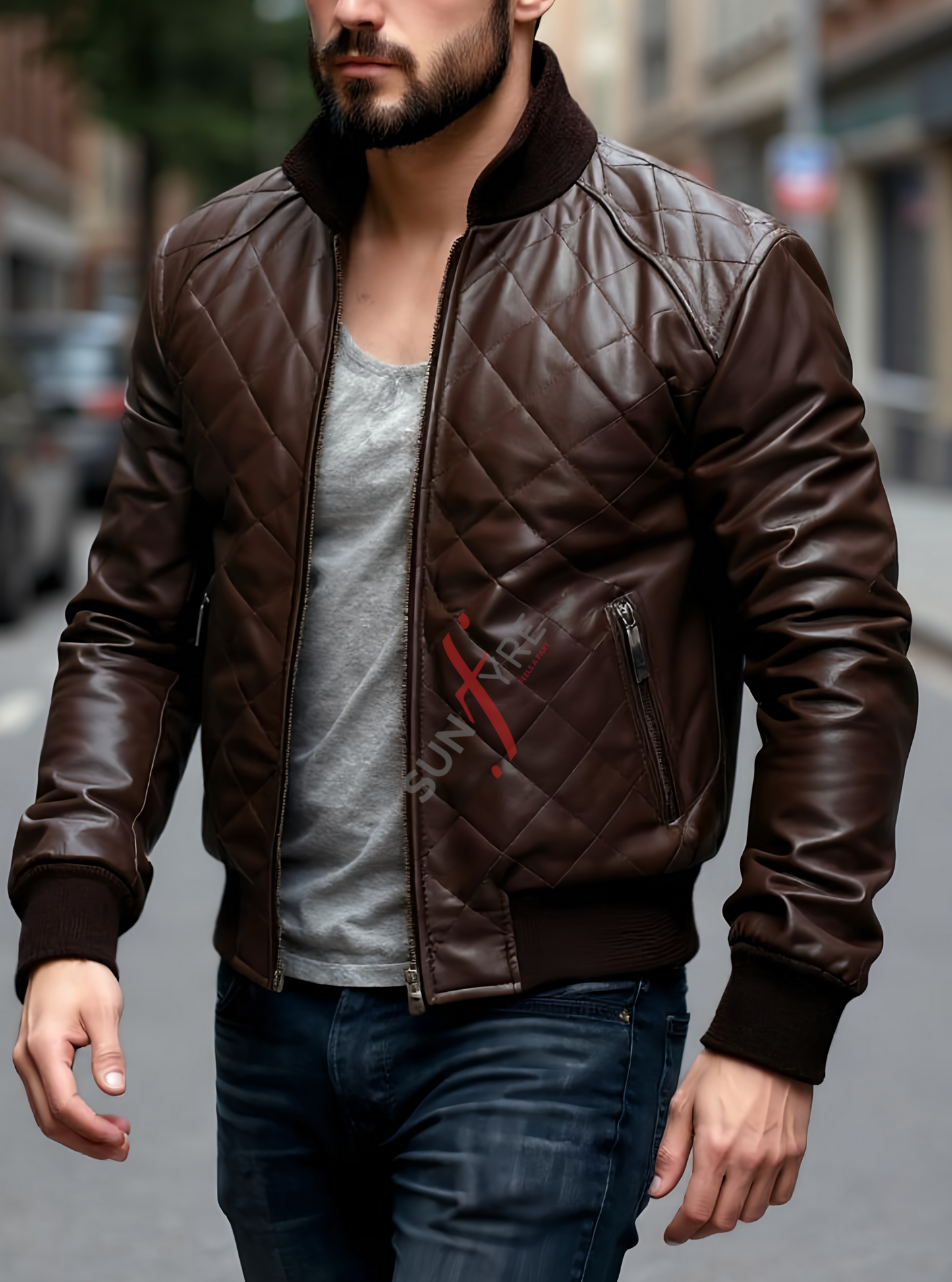 Quilted Brown Classic Bomber Leather Jacket For Men Real in Sheepskin (SF609)