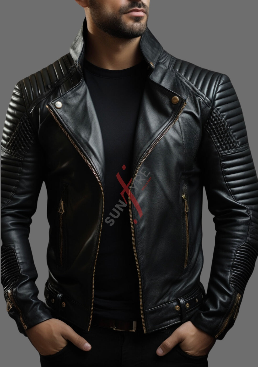 Sheepskin Black Quilted Biker Leather Jacket For Men