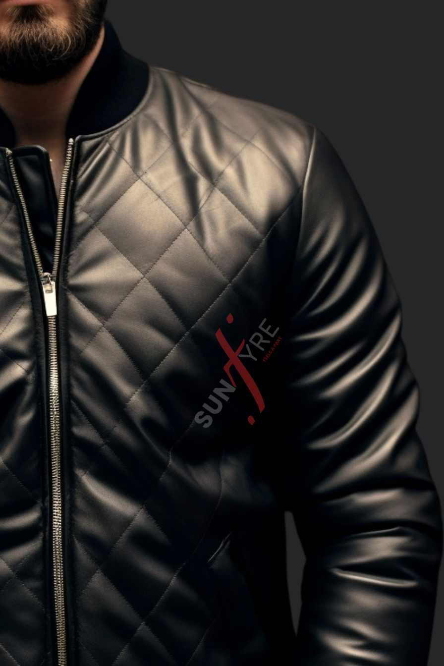 Real Sheepskin Black Quilted Bomber Leather Jacket