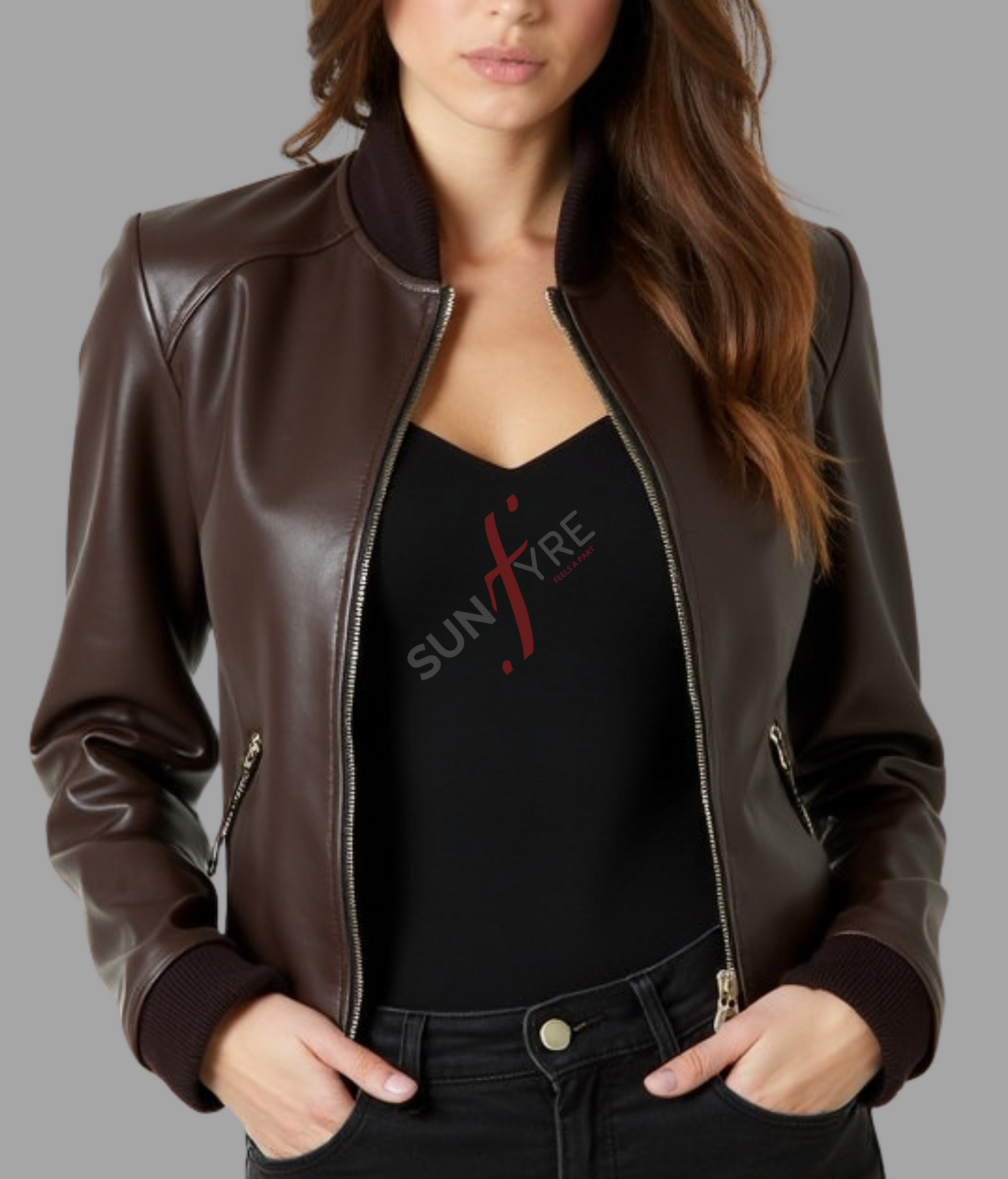 Brown Short Bomber Leather Jacket For Women (SF361)